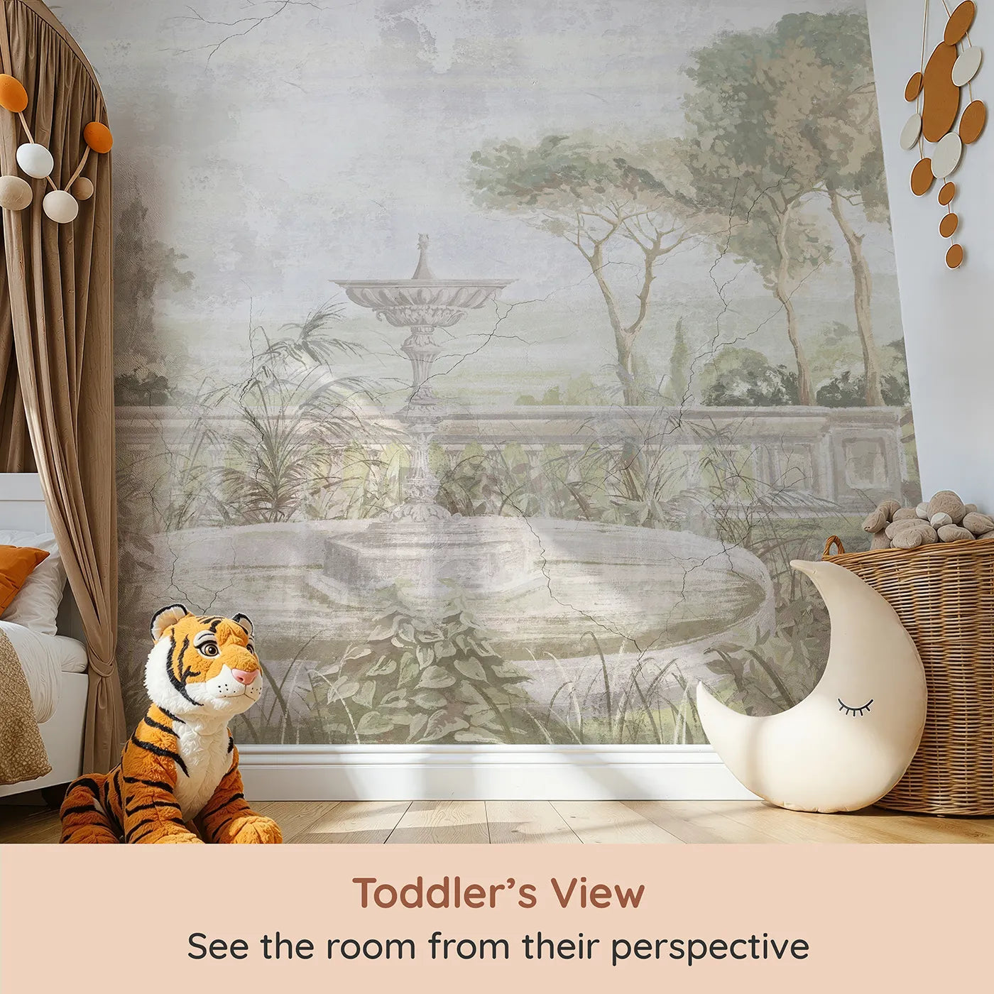 Whimsy Tots Forgotten Garden Fountain Wall Mural (Turn Their Room into a Secret, Overgrown Garden) from your child's view.Gender-Neutral