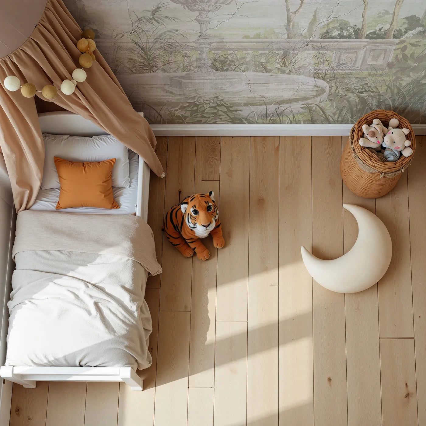 Top-down view of Whimsy Tots' Forgotten Garden Fountain Wall Mural (Turn Their Room into a Secret, Overgrown Garden).Gender-Neutral