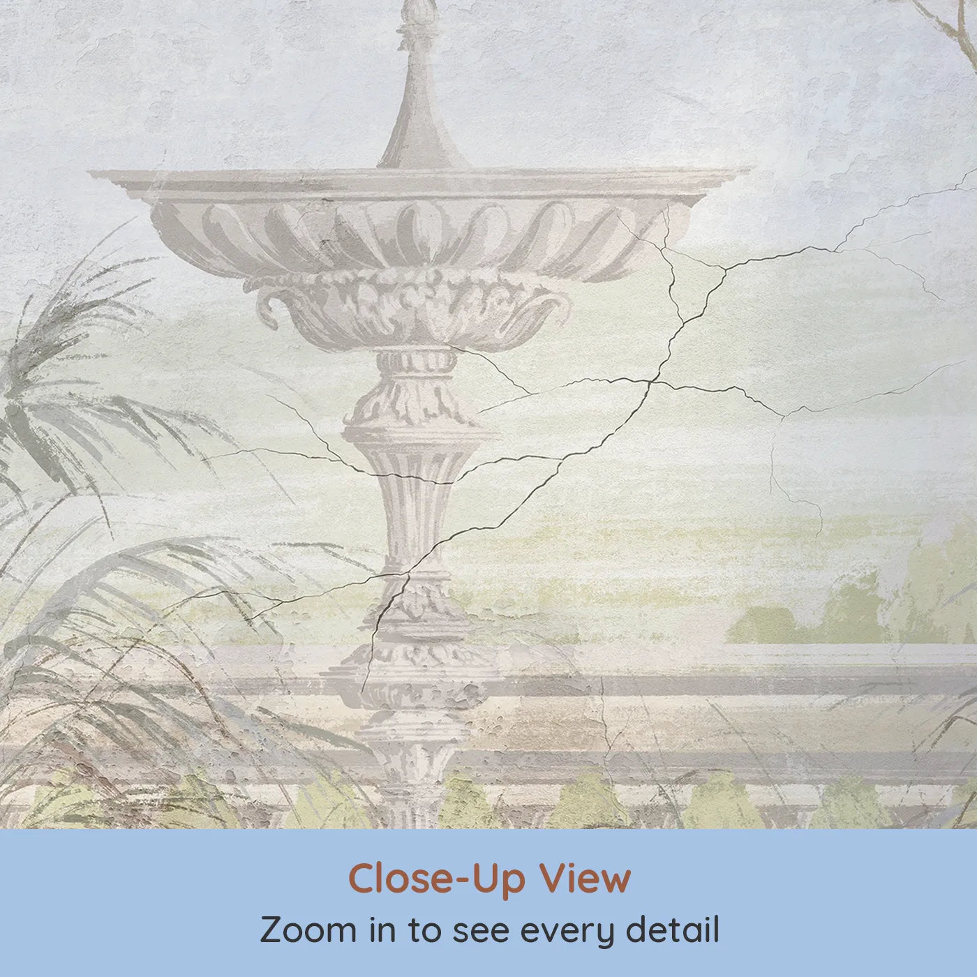 Close-up view of Whimsy Tots' Forgotten Garden Fountain Wall Mural (Turn Their Room into a Secret, Overgrown Garden).Gender-Neutral