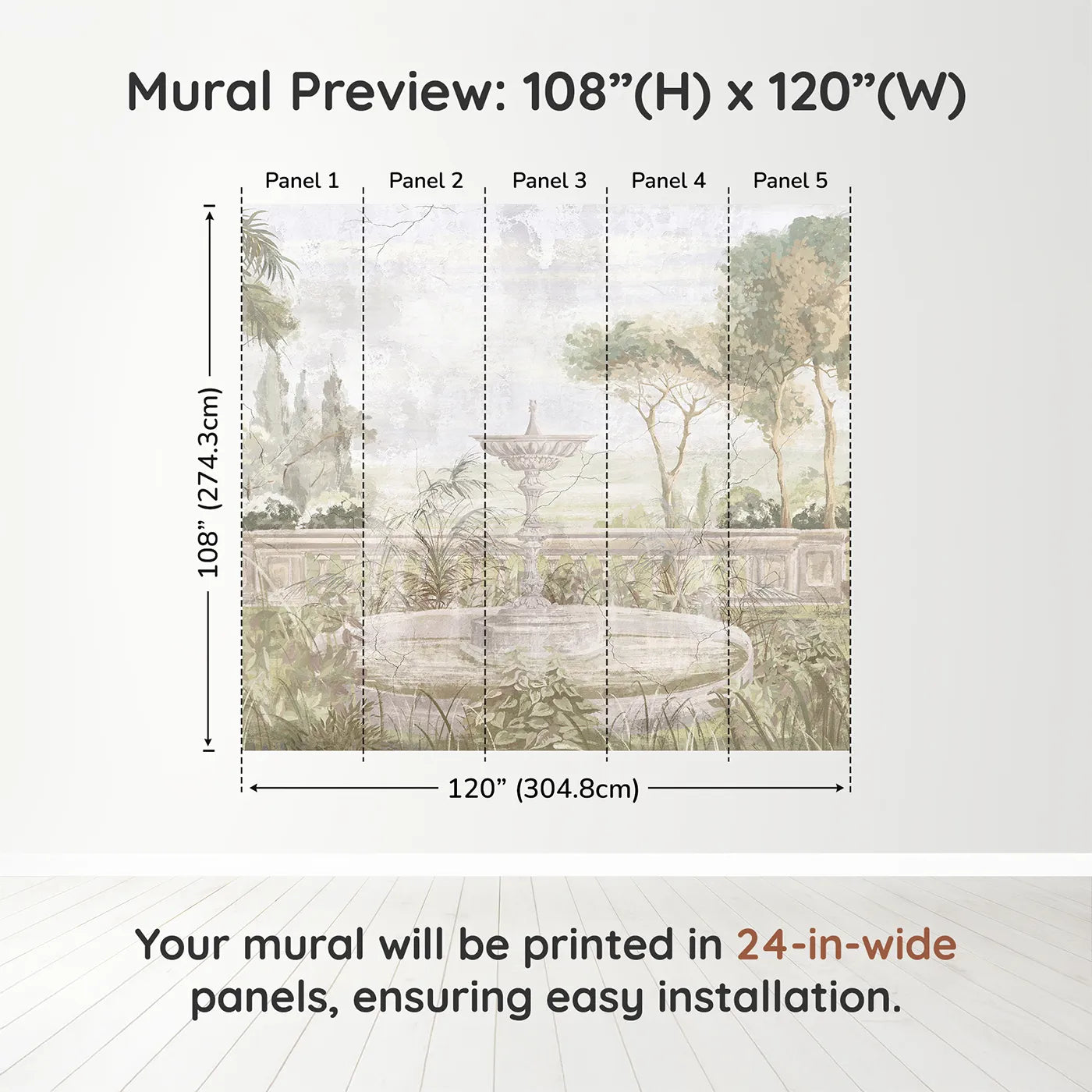 Whimsy Tots Forgotten Garden Fountain Wall Muraldimension view (108" H x 120" W). Printed in five 24-inch-wide panels. Gender-Neutral