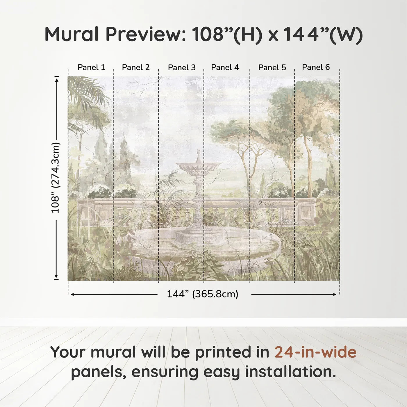 Whimsy Tots Forgotten Garden Fountain Wall Muraldimension view (108" H x 144" W). Printed in six 24-inch-wide panels. Gender-Neutral