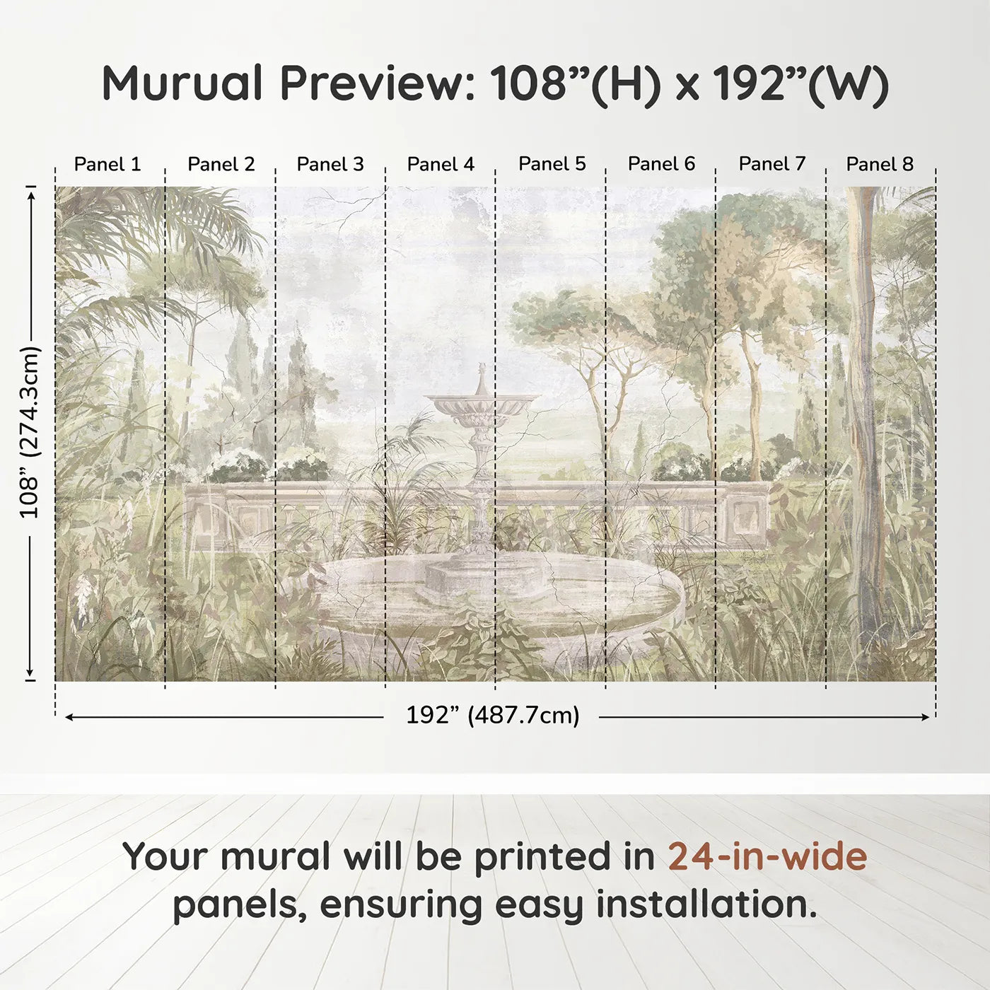 Whimsy Tots Forgotten Garden Fountain Wall Muraldimension view (108" H x 192" W). Printed in eight 24-inch-wide panels. Gender-Neutral