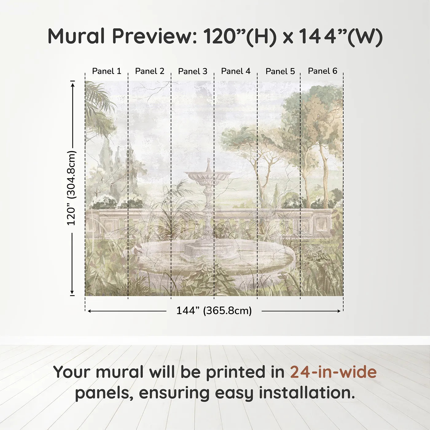 Whimsy Tots Forgotten Garden Fountain Wall Muraldimension view (120" H x 144" W). Printed in six 24-inch-wide panels. Gender-Neutral