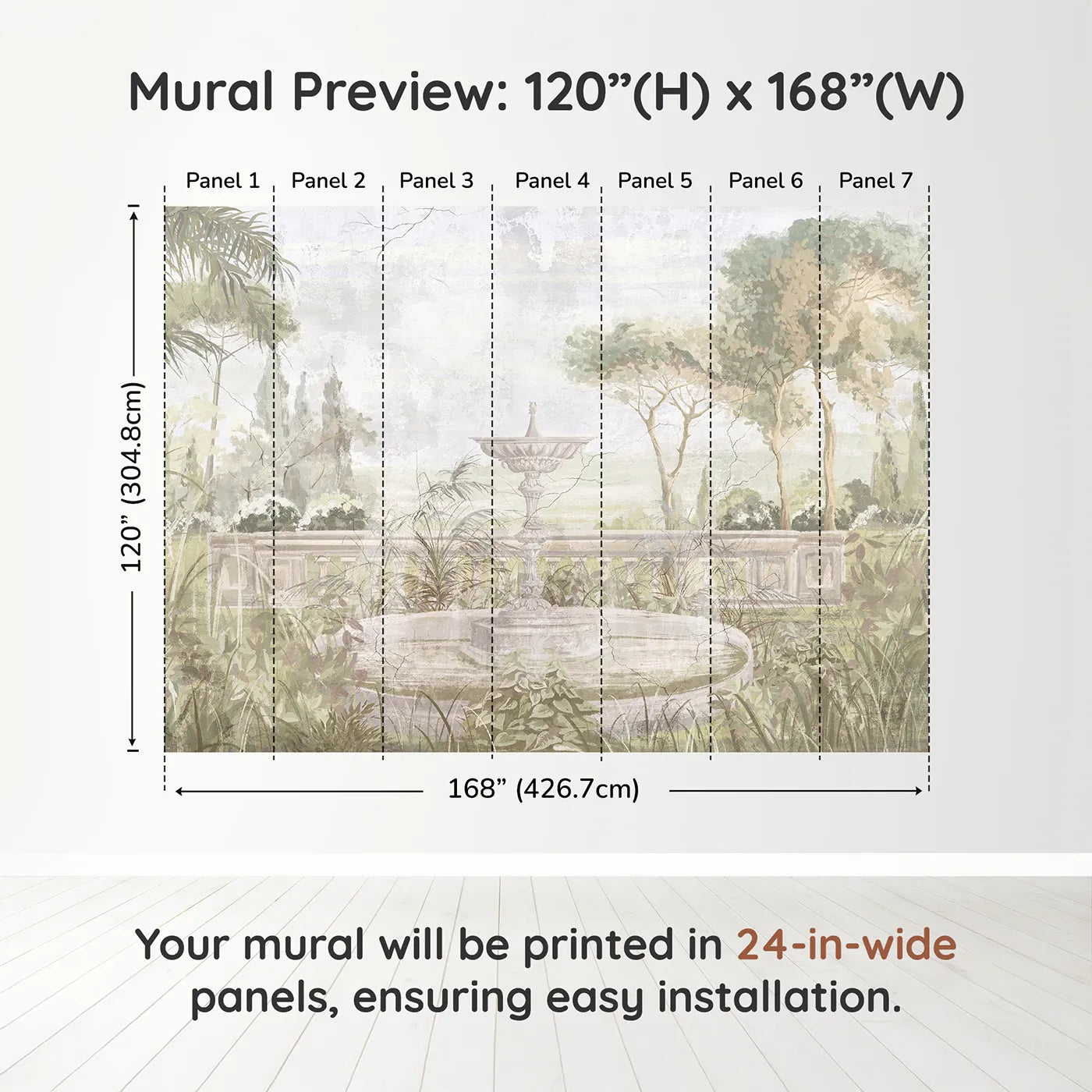 Whimsy Tots Forgotten Garden Fountain Wall Muraldimension view (120" H x 168" W). Printed in seven 24-inch-wide panels. Gender-Neutral