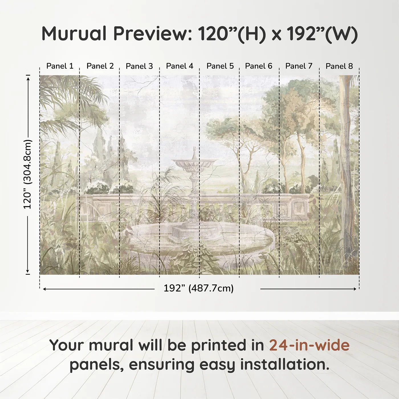 Whimsy Tots Forgotten Garden Fountain Wall Muraldimension view (120" H x 192" W). Printed in eight 24-inch-wide panels. Gender-Neutral