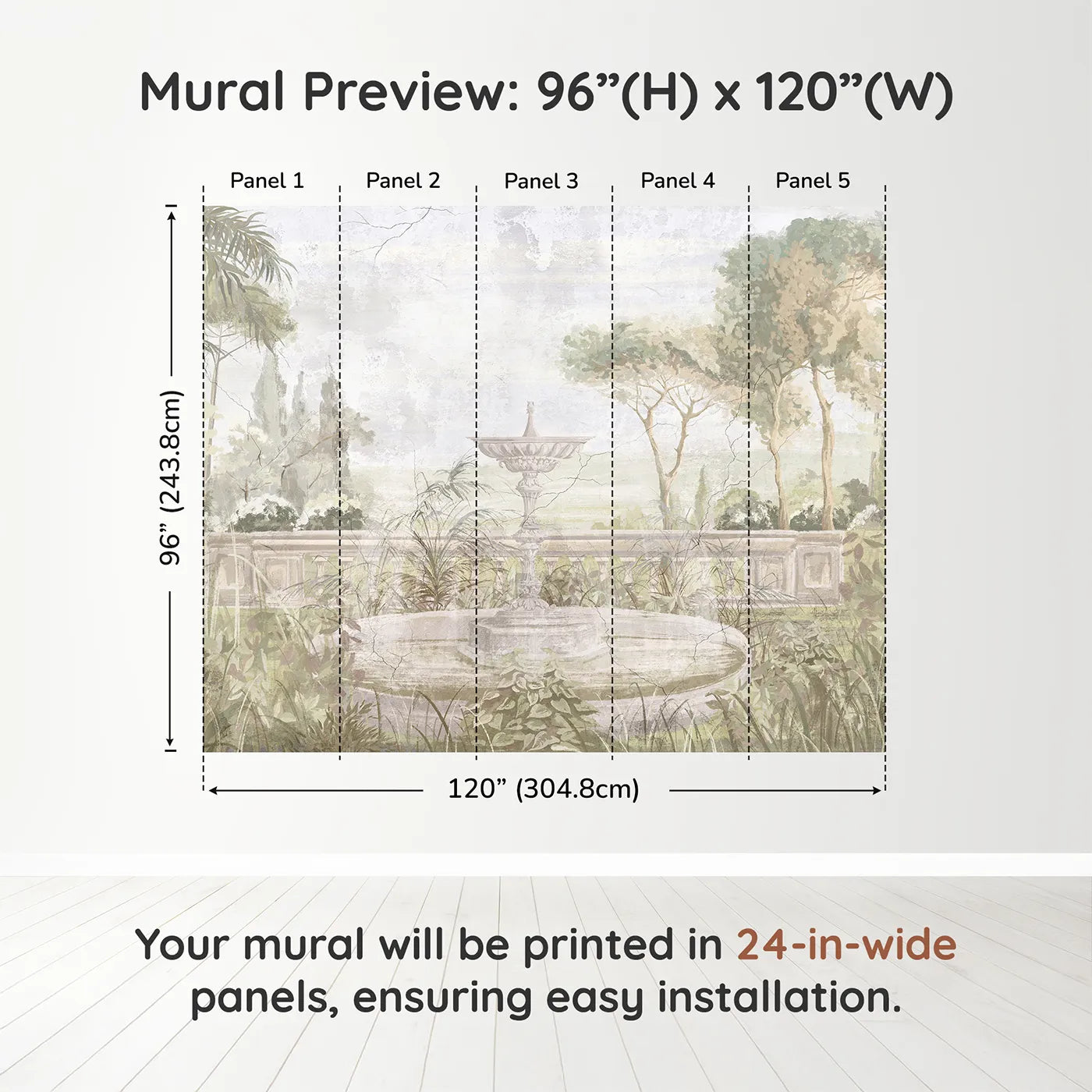 Whimsy Tots Forgotten Garden Fountain Wall Muraldimension view (96" H x 120" W). Printed in five 24-inch-wide panels. Gender-Neutral