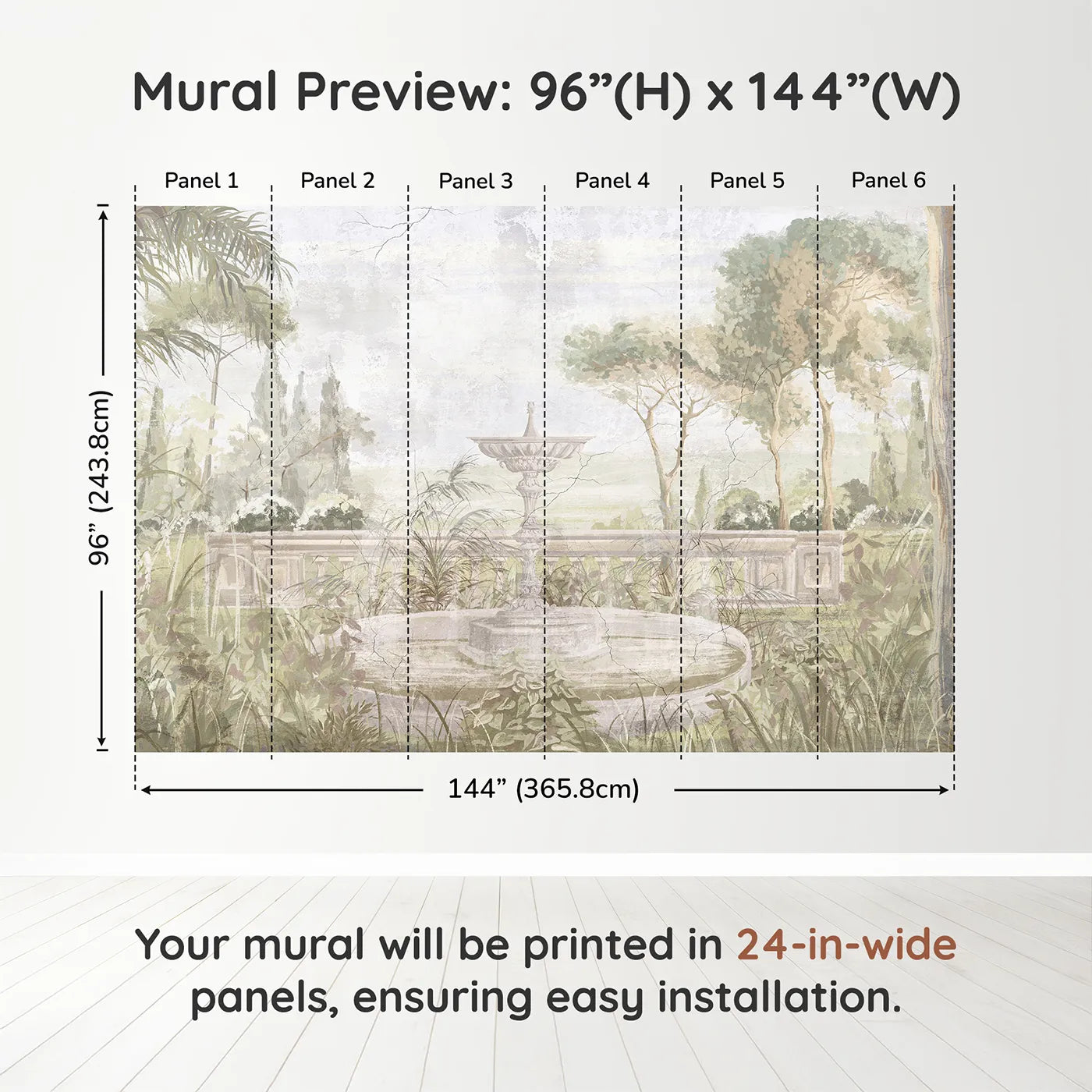 Whimsy Tots Forgotten Garden Fountain Wall Muraldimension view (96" H x 144" W). Printed in six 24-inch-wide panels. Gender-Neutral