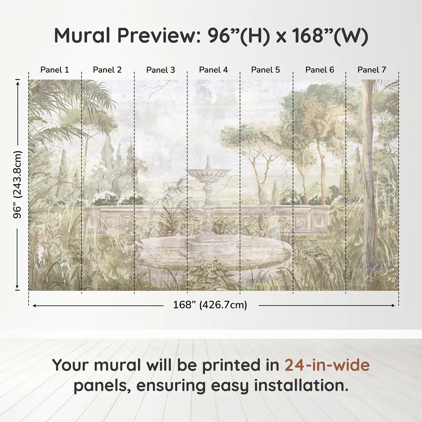 Whimsy Tots Forgotten Garden Fountain Wall Muraldimension view (96" H x 168" W). Printed in seven 24-inch-wide panels. Gender-Neutral