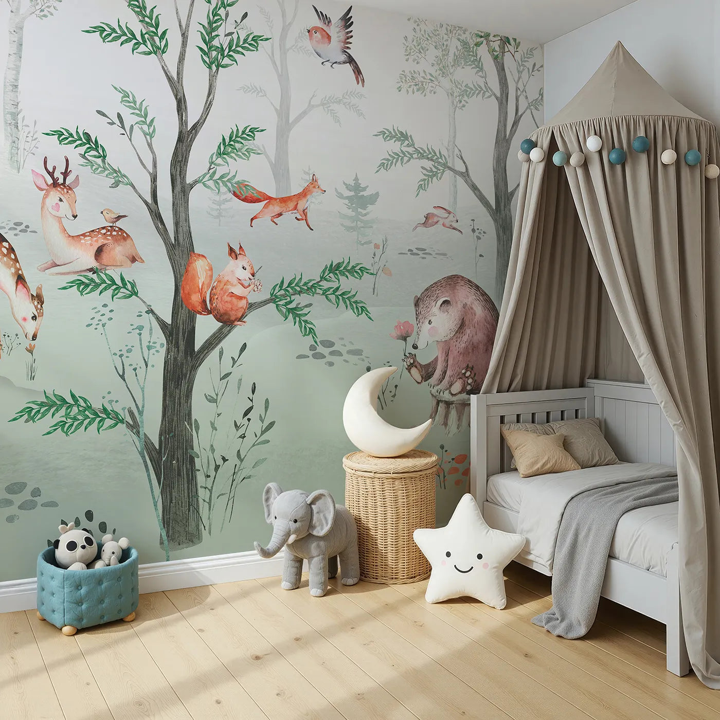 Angled view of Whimsy Tots' Watercolor Woodland Gathering Wall Mural (Turn Their Room into a Charming Forest Friendship Circle).Gender-Neutral