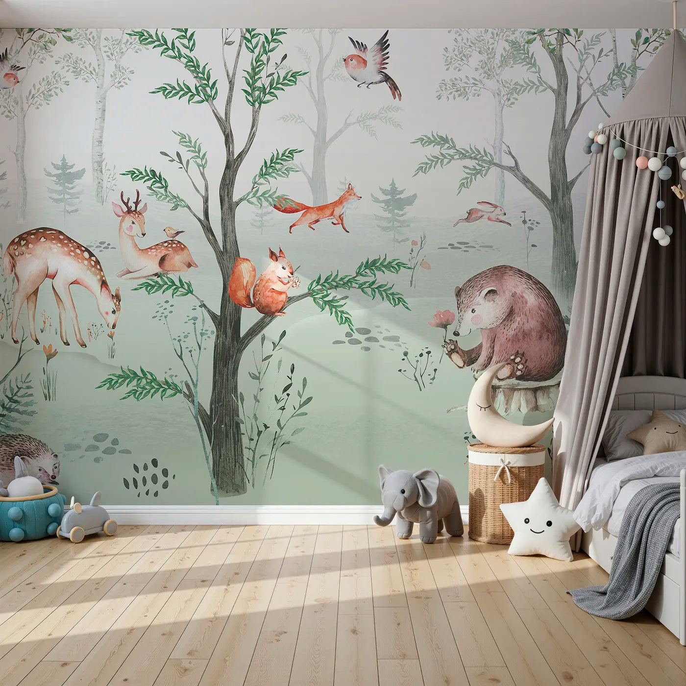 Front view of Whimsy Tots' Watercolor Woodland Gathering Wall Mural