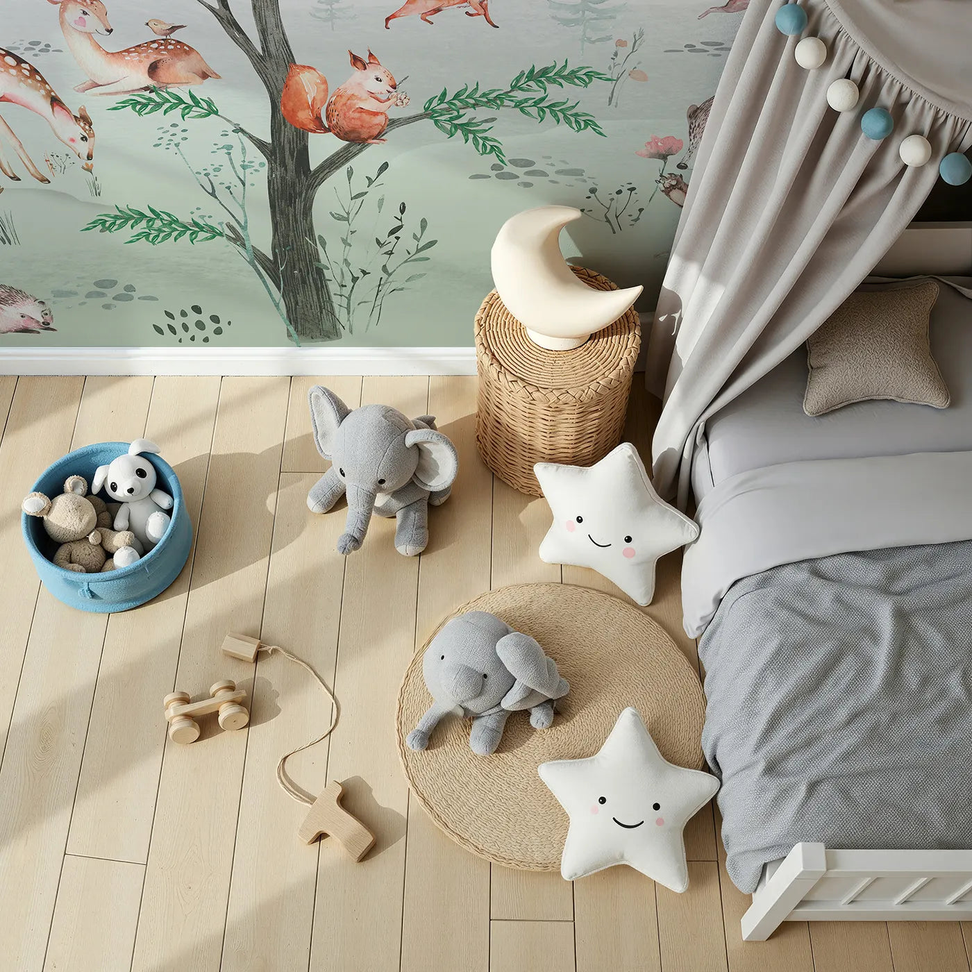 Top-down view of Whimsy Tots' Watercolor Woodland Gathering Wall Mural (Turn Their Room into a Charming Forest Friendship Circle).Gender-Neutral