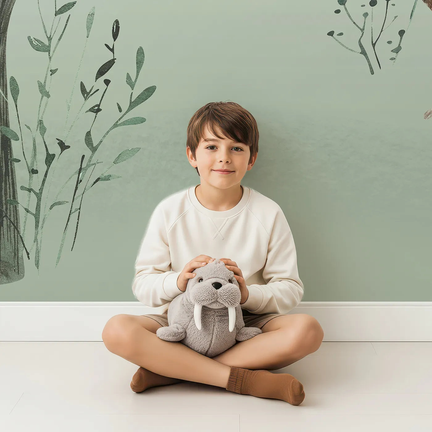 Child in front of Whimsy Tots Watercolor Woodland Gathering Wall Mural with woodland, animal, forest, watercolor, deer, fox, bear, cute in design.