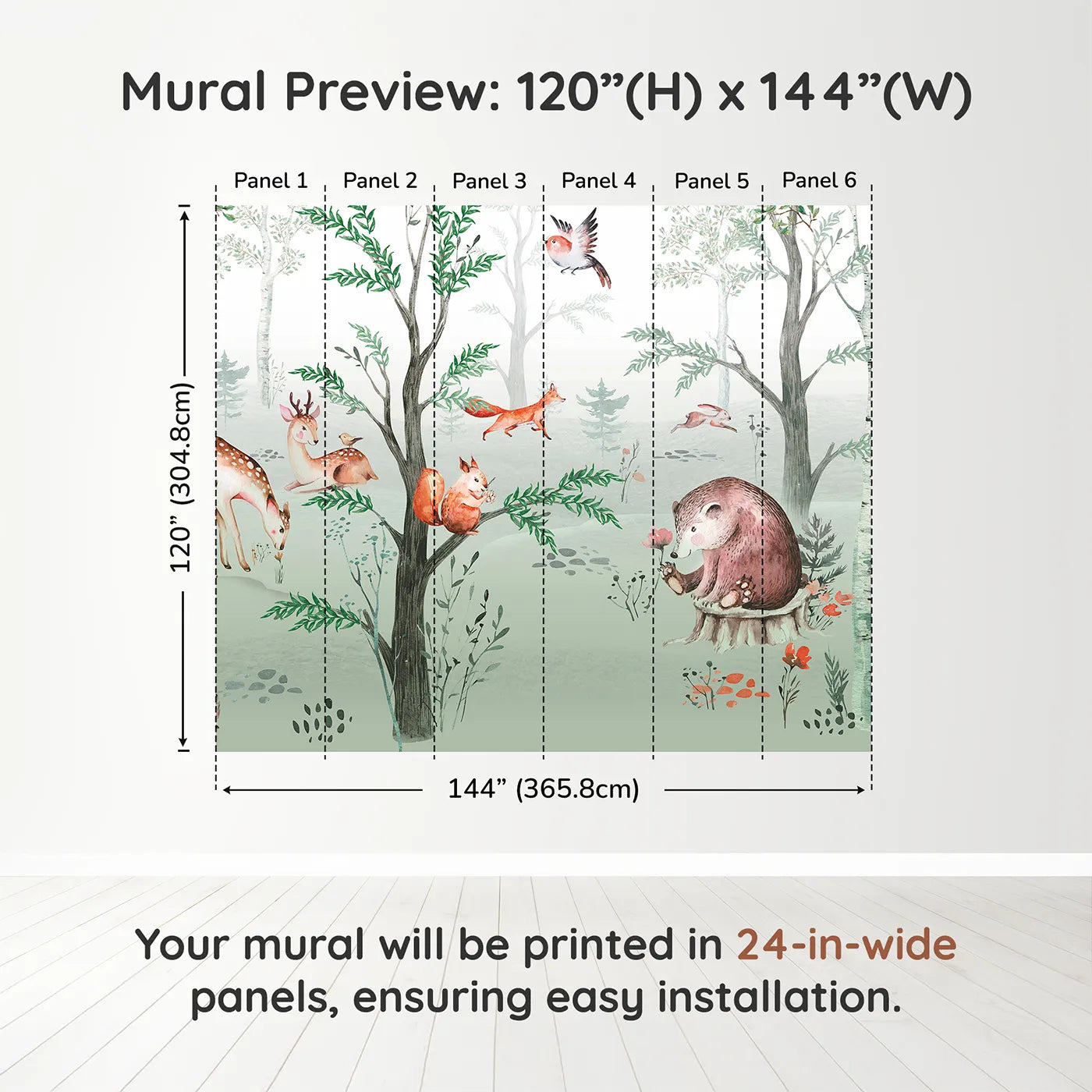 Whimsy Tots Watercolor Woodland Gathering Wall Muraldimension view (120" H x 144" W). Printed in six 24-inch-wide panels. Gender-Neutral