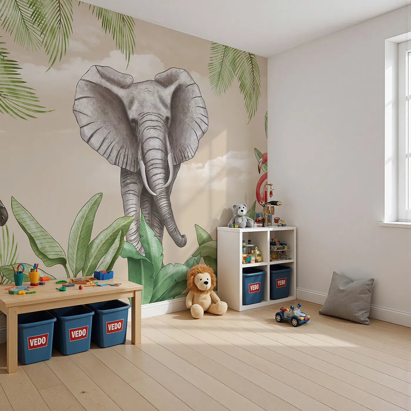 Angled view of Whimsy Tots' Safari Friends Portrait Wall Mural (Turn Their Room into a Close-Up Safari Adventure).Gender-Neutral