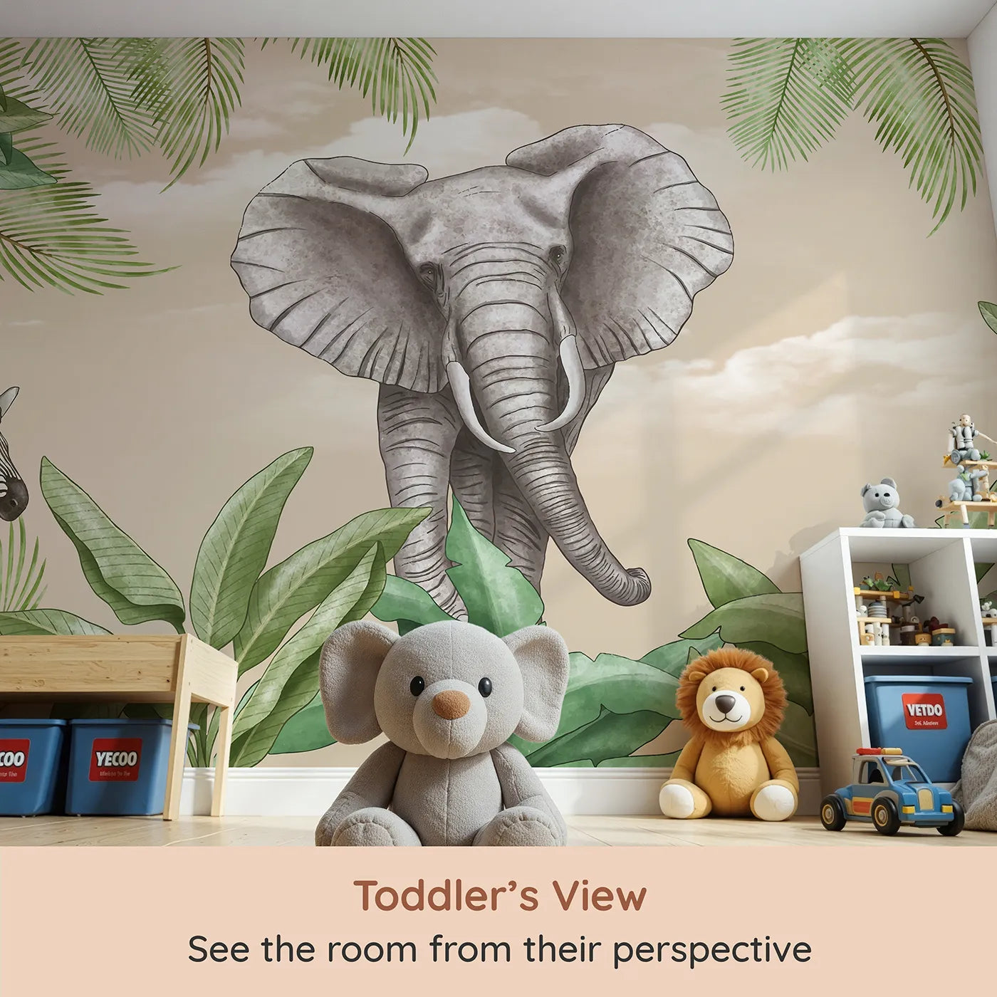 Whimsy Tots Safari Friends Portrait Wall Mural (Turn Their Room into a Close-Up Safari Adventure) from your child's view.Gender-Neutral