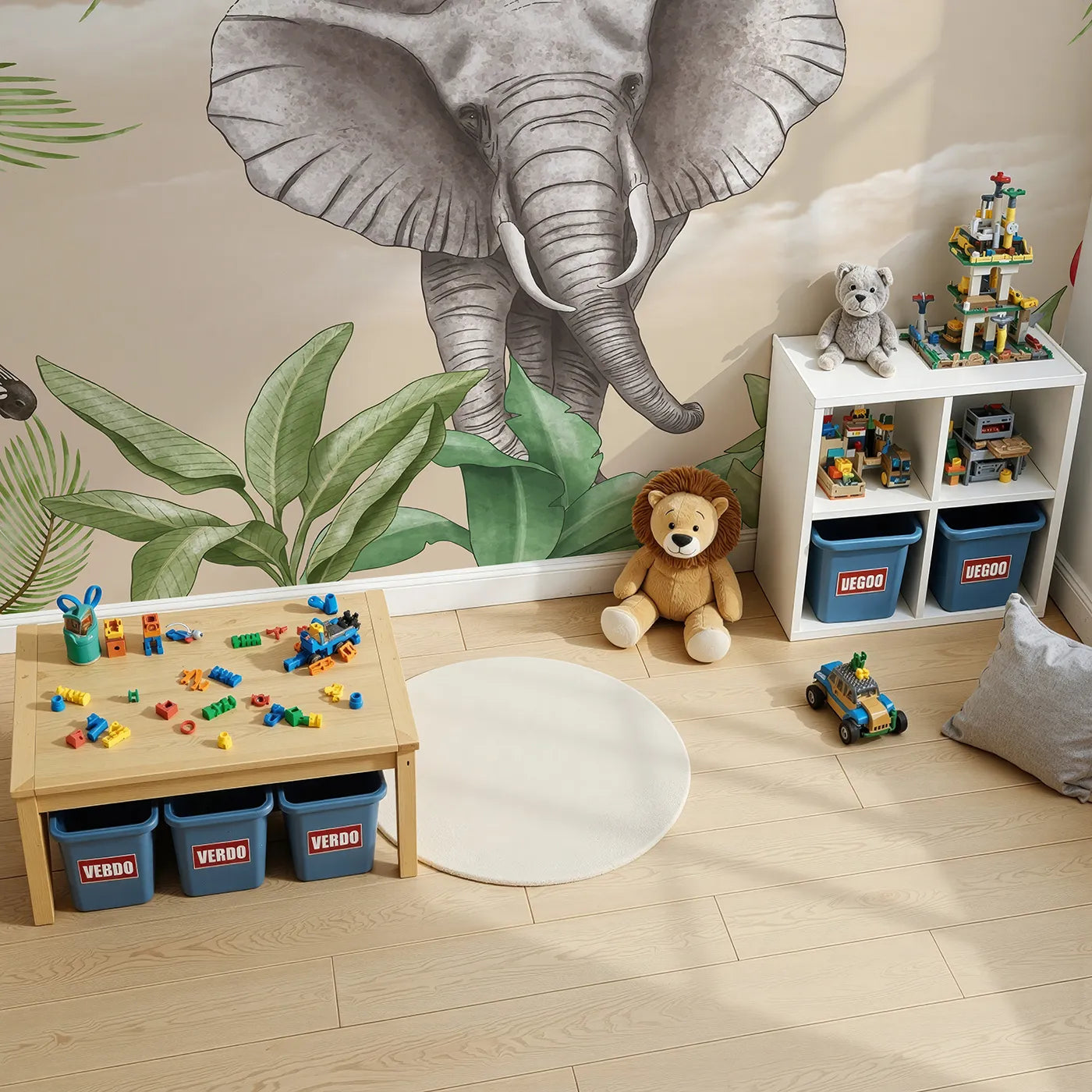 Top-down view of Whimsy Tots' Safari Friends Portrait Wall Mural (Turn Their Room into a Close-Up Safari Adventure).Gender-Neutral