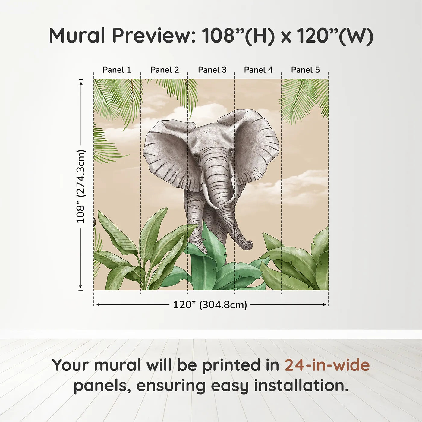 Whimsy Tots Safari Friends Portrait Wall Muraldimension view (108" H x 120" W). Printed in five 24-inch-wide panels. Gender-Neutral