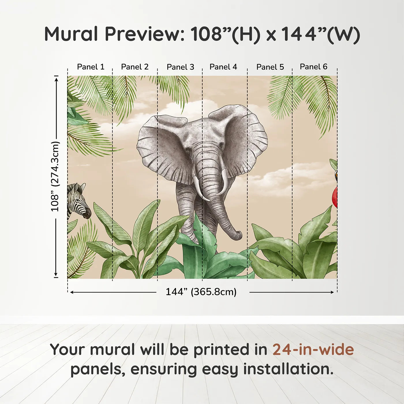 Whimsy Tots Safari Friends Portrait Wall Muraldimension view (108" H x 144" W). Printed in six 24-inch-wide panels. Gender-Neutral