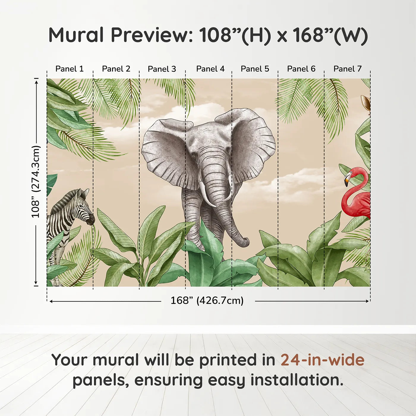 Whimsy Tots Safari Friends Portrait Wall Muraldimension view (108" H x 168" W). Printed in seven 24-inch-wide panels. Gender-Neutral