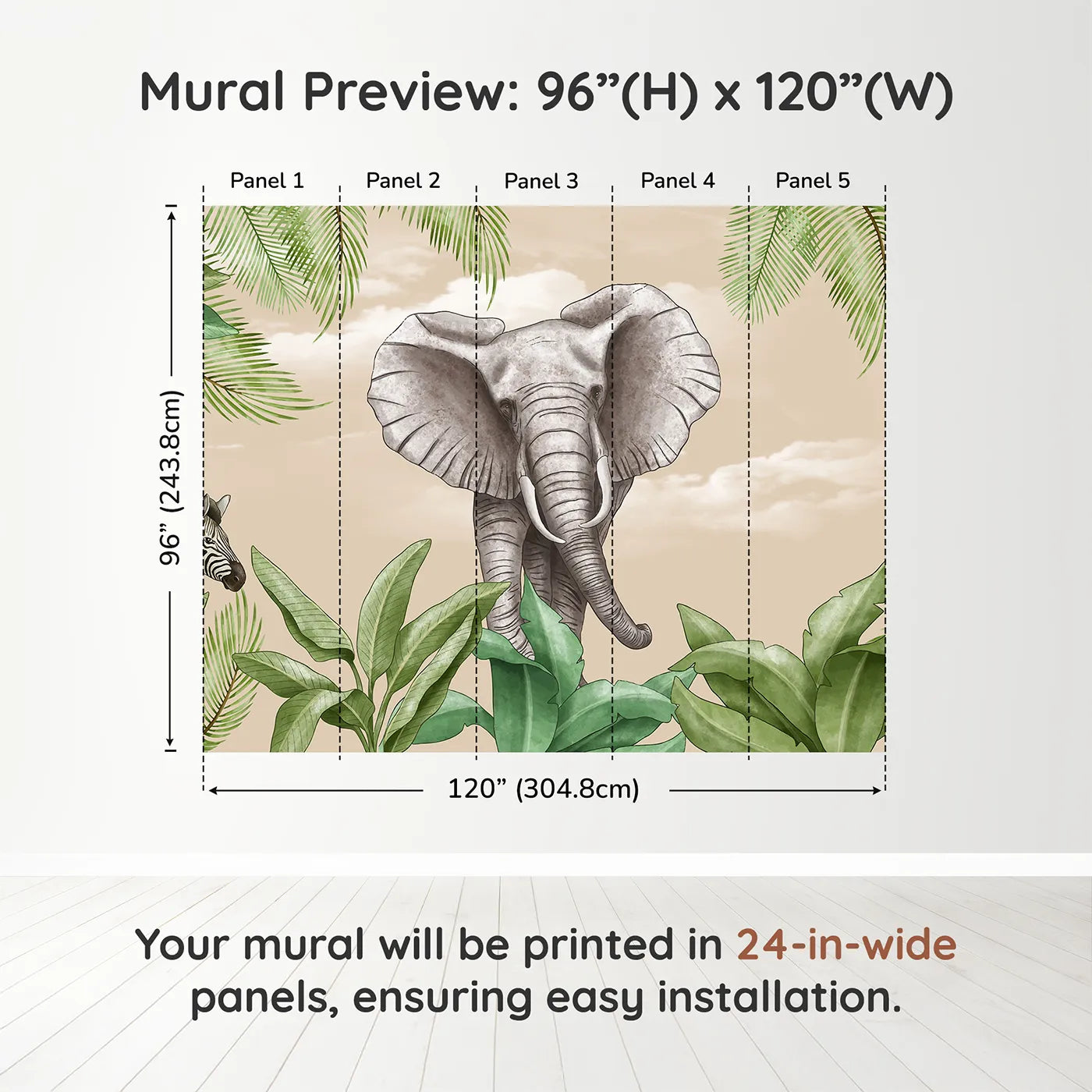 Whimsy Tots Safari Friends Portrait Wall Muraldimension view (96" H x 120" W). Printed in five 24-inch-wide panels. Gender-Neutral