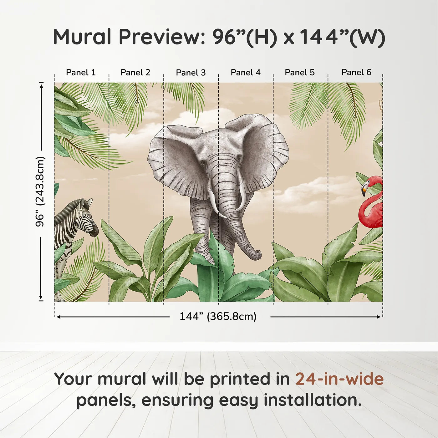 Whimsy Tots Safari Friends Portrait Wall Muraldimension view (96" H x 144" W). Printed in six 24-inch-wide panels. Gender-Neutral