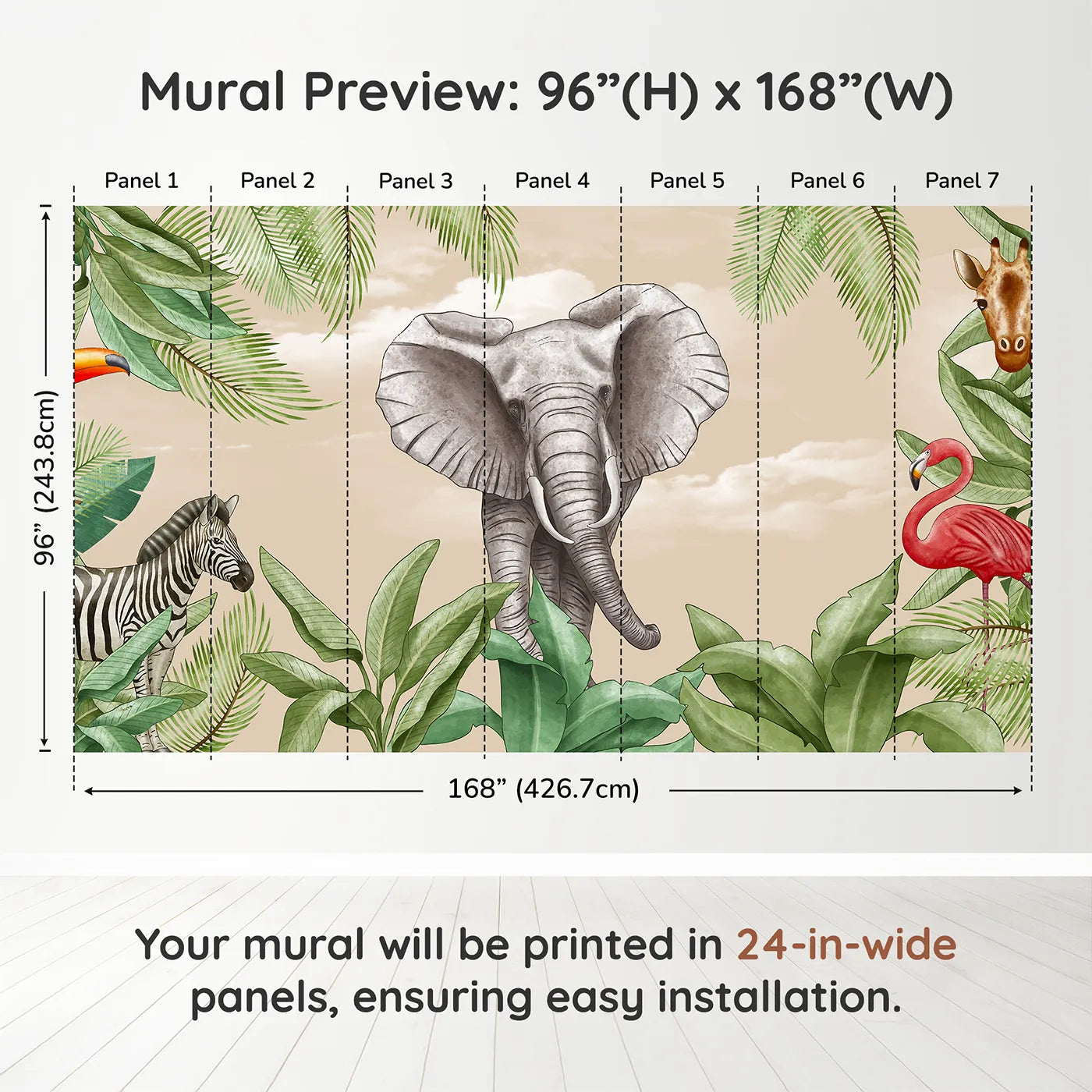 Whimsy Tots Safari Friends Portrait Wall Muraldimension view (96" H x 168" W). Printed in seven 24-inch-wide panels. Gender-Neutral