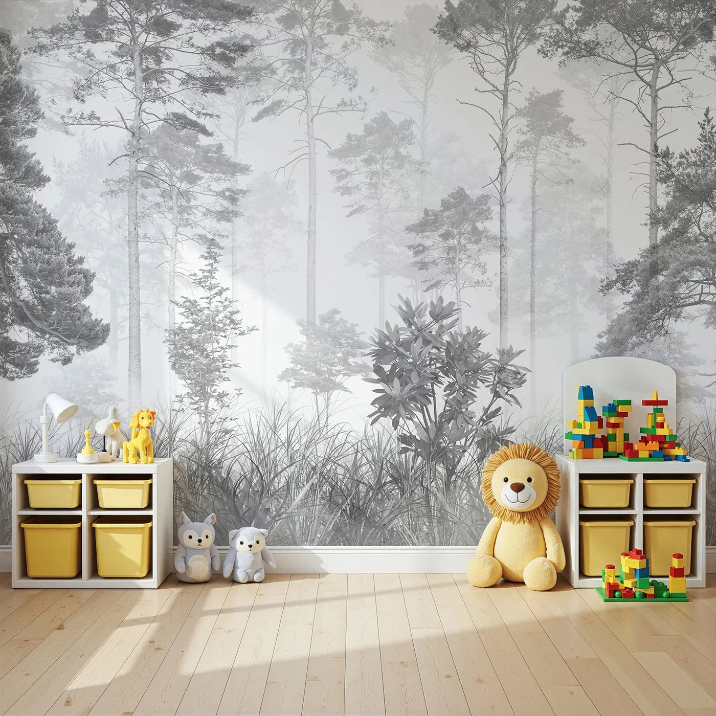 Angled view of Whimsy Tots' Misty Pine Forest Wall Mural in Grayscale (Turn Their Room into a Moody, Atmospheric Woodland).Gender-Neutral