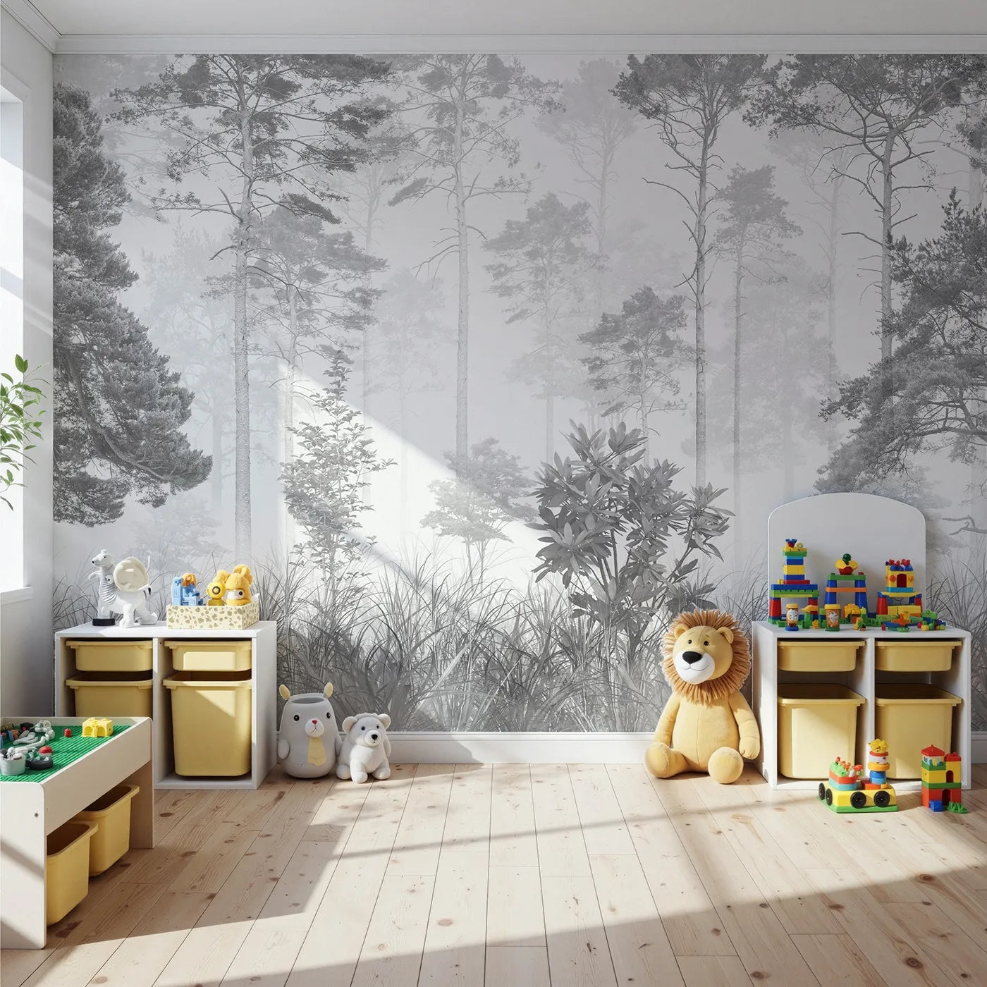 Front view of Whimsy Tots' Misty Pine Forest Wall Mural in Grayscale