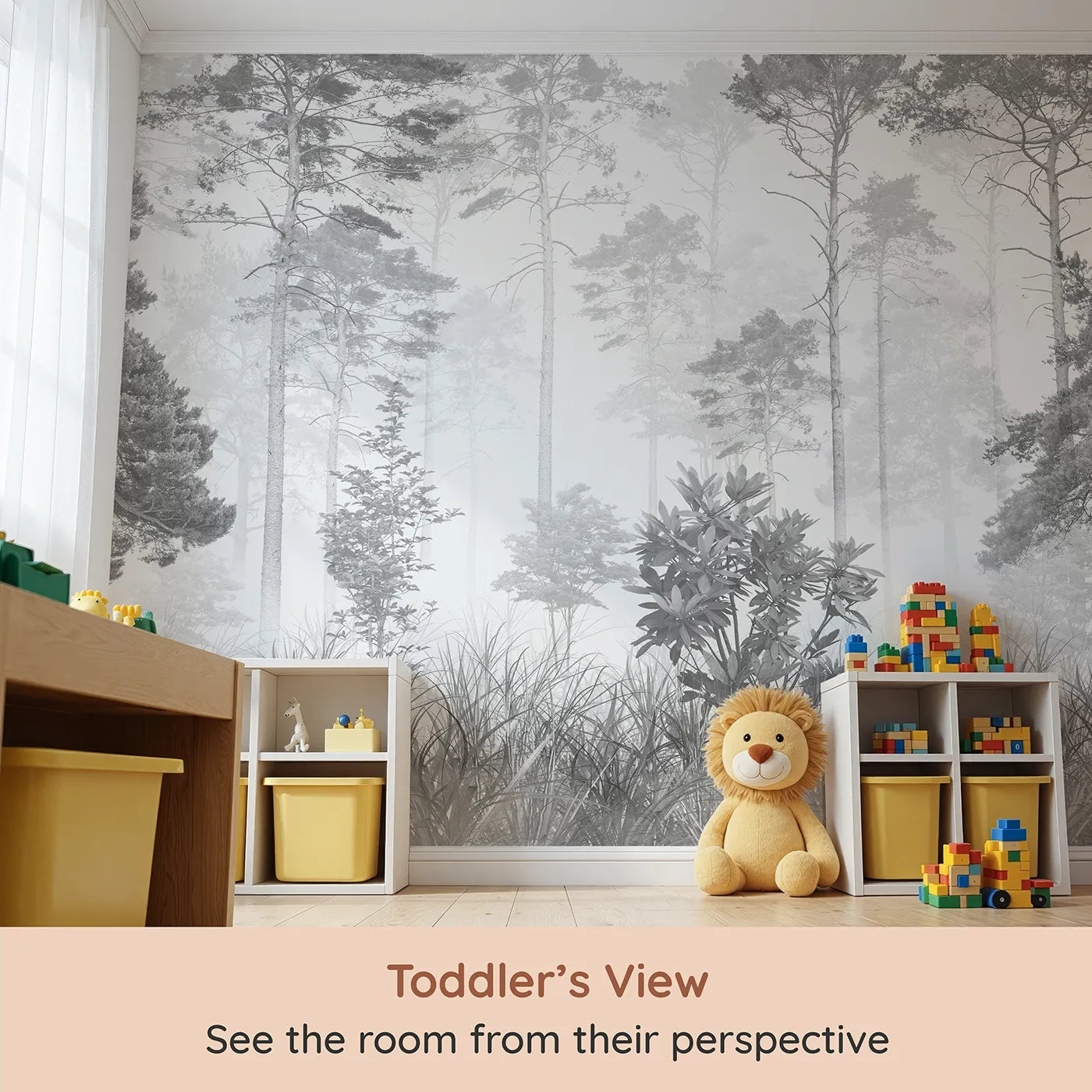 Whimsy Tots Misty Pine Forest Wall Mural in Grayscale (Turn Their Room into a Moody, Atmospheric Woodland) from your child's view.Gender-Neutral