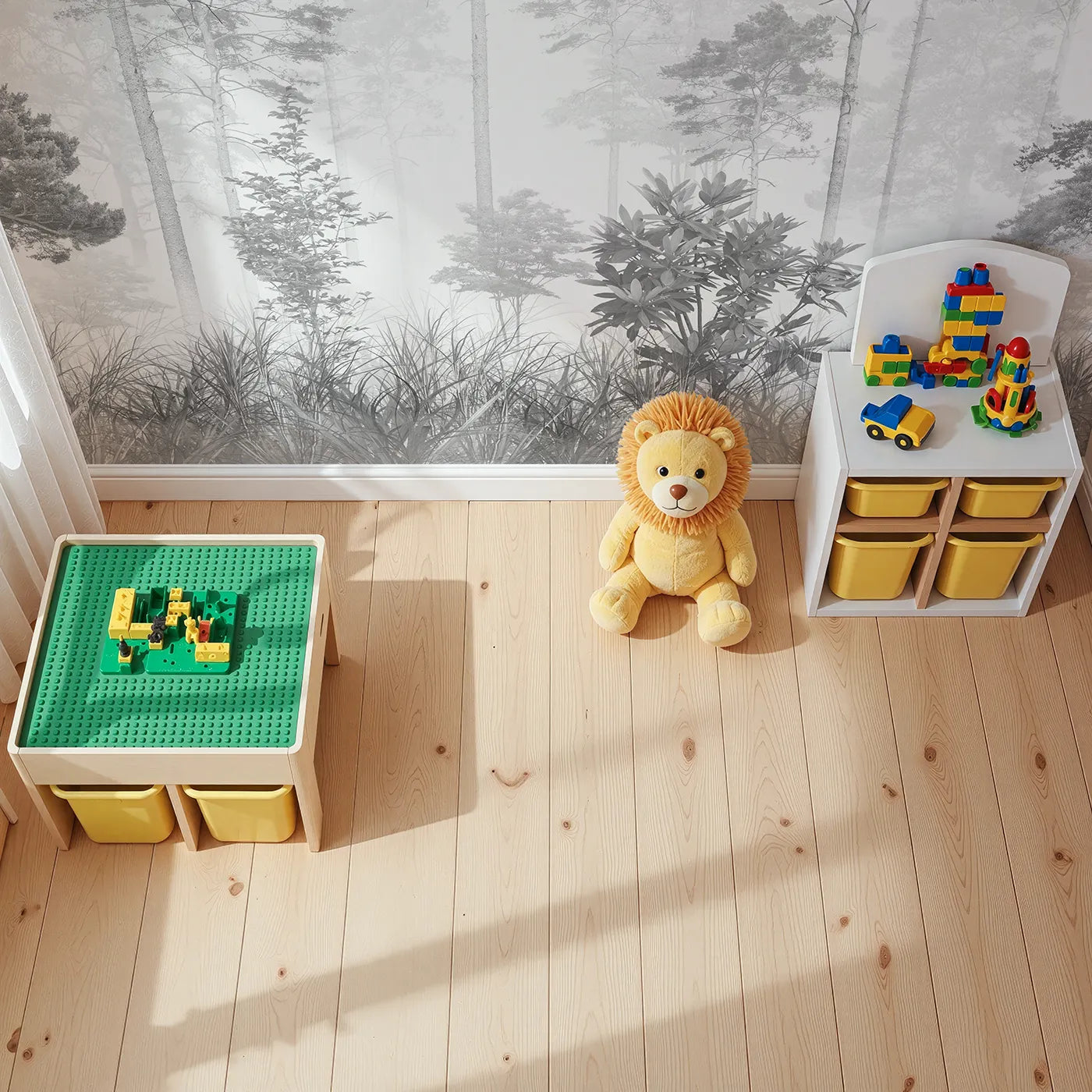 Top-down view of Whimsy Tots' Misty Pine Forest Wall Mural in Grayscale (Turn Their Room into a Moody, Atmospheric Woodland).Gender-Neutral