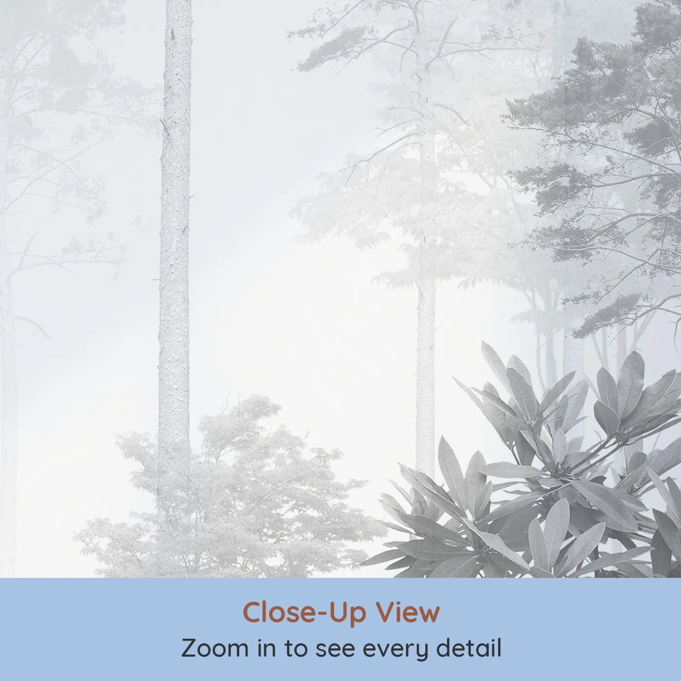 Close-up view of Whimsy Tots' Misty Pine Forest Wall Mural in Grayscale (Turn Their Room into a Moody, Atmospheric Woodland).Gender-Neutral