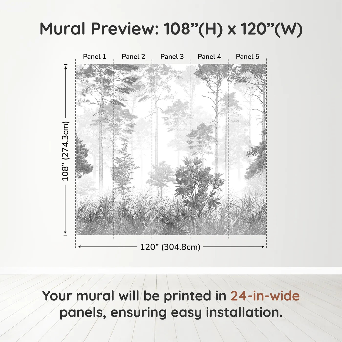 Whimsy Tots Misty Pine Forest Wall Mural in Grayscaledimension view (108" H x 120" W). Printed in five 24-inch-wide panels. Gender-Neutral