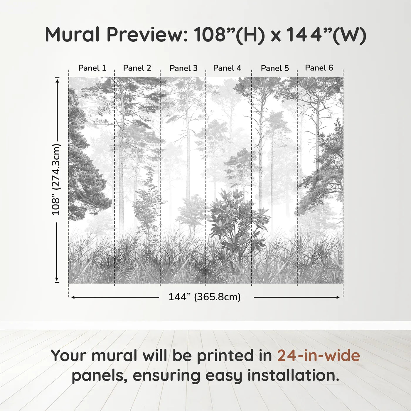 Whimsy Tots Misty Pine Forest Wall Mural in Grayscaledimension view (108" H x 144" W). Printed in six 24-inch-wide panels. Gender-Neutral