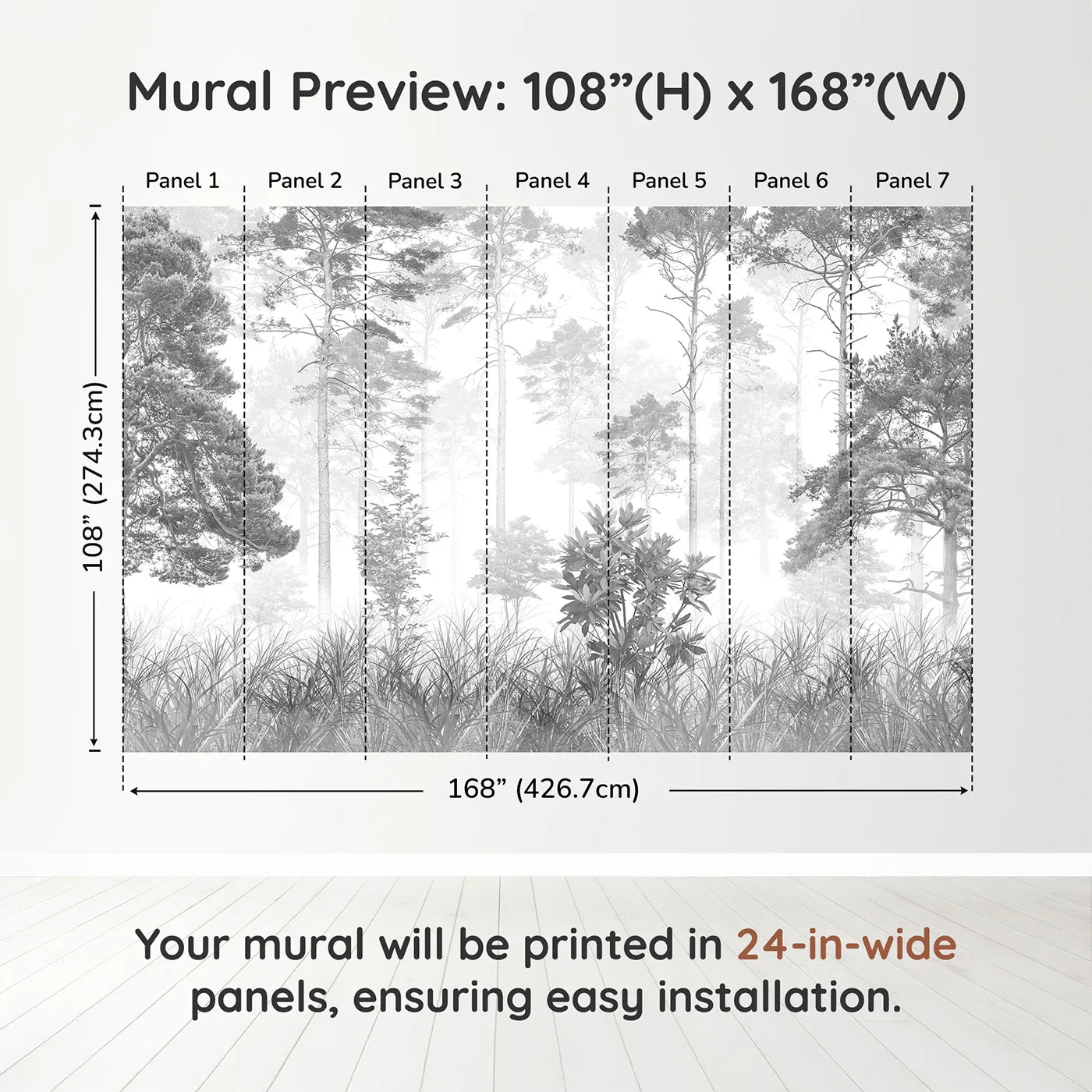 Whimsy Tots Misty Pine Forest Wall Mural in Grayscaledimension view (108" H x 168" W). Printed in seven 24-inch-wide panels. Gender-Neutral