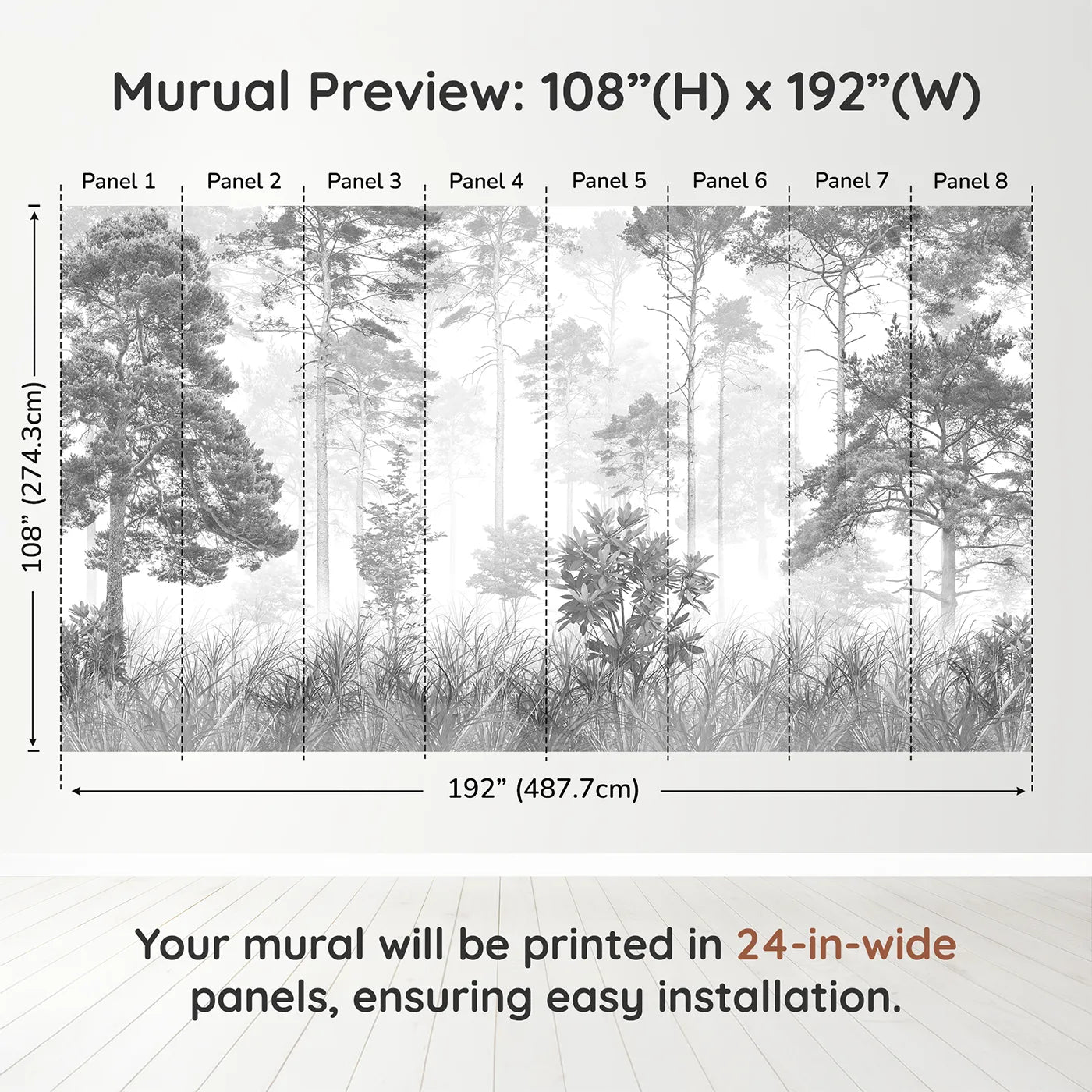Whimsy Tots Misty Pine Forest Wall Mural in Grayscaledimension view (108" H x 192" W). Printed in eight 24-inch-wide panels. Gender-Neutral