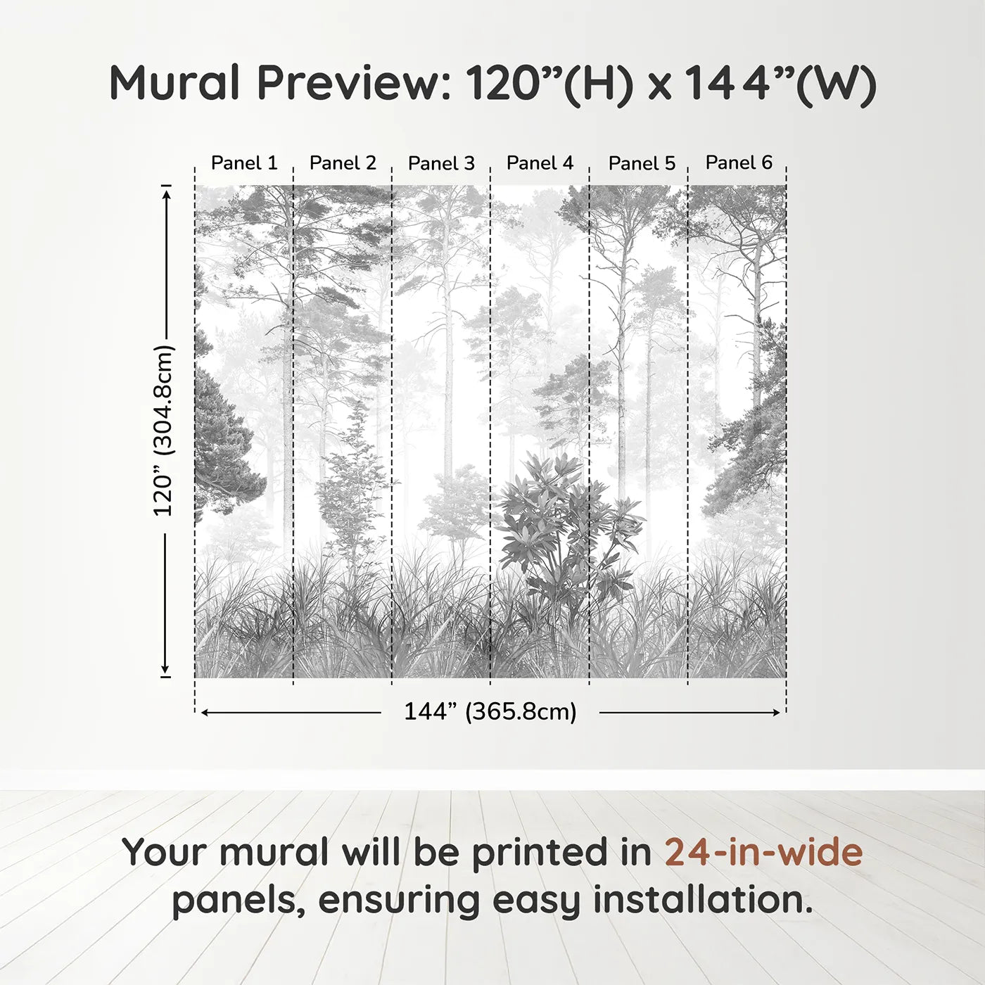 Whimsy Tots Misty Pine Forest Wall Mural in Grayscaledimension view (120" H x 144" W). Printed in six 24-inch-wide panels. Gender-Neutral