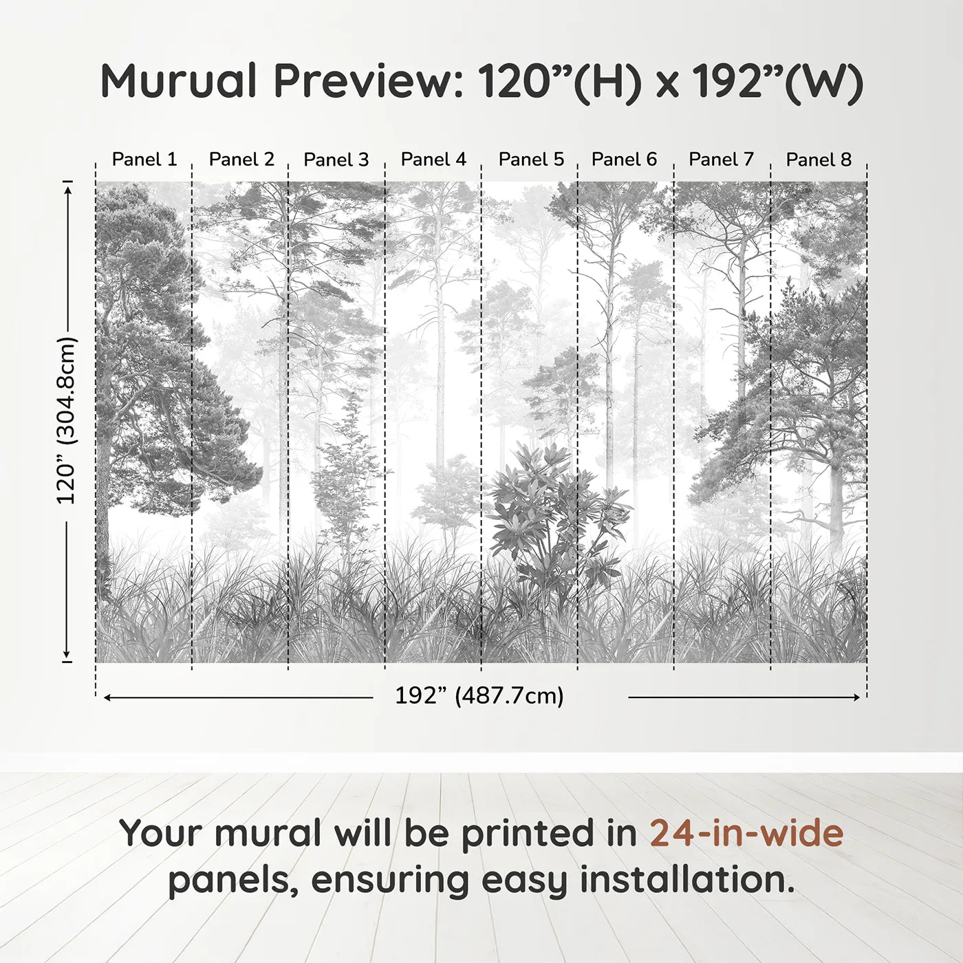 Whimsy Tots Misty Pine Forest Wall Mural in Grayscaledimension view (120" H x 192" W). Printed in eight 24-inch-wide panels. Gender-Neutral