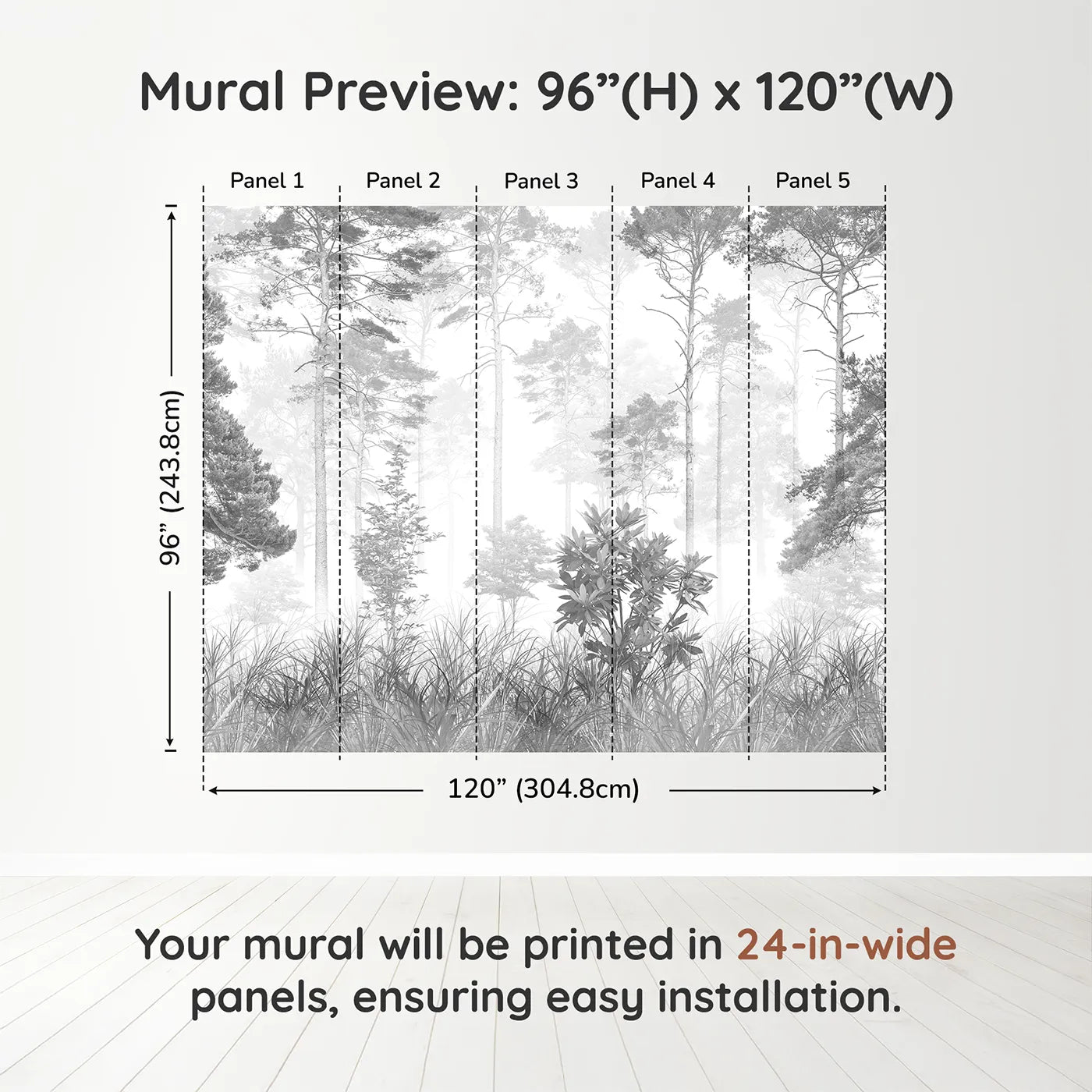 Whimsy Tots Misty Pine Forest Wall Mural in Grayscaledimension view (96" H x 120" W). Printed in five 24-inch-wide panels. Gender-Neutral