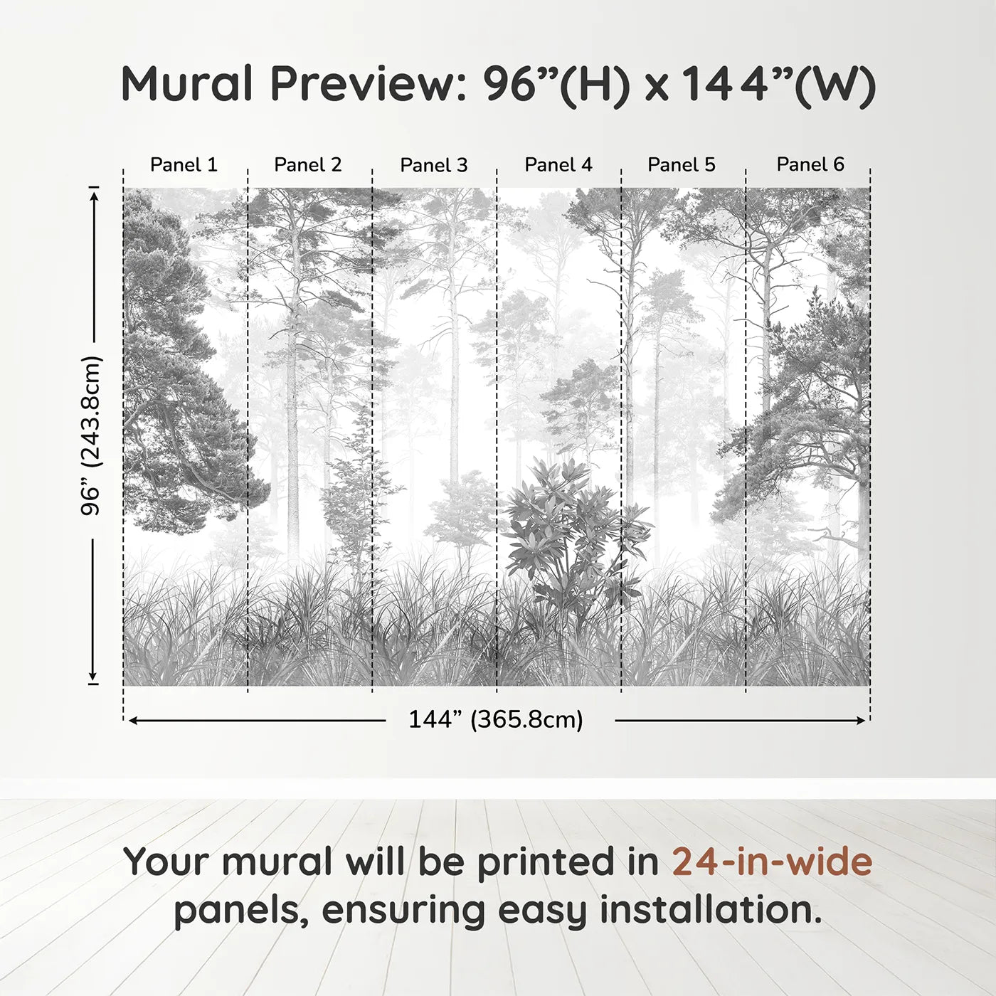 Whimsy Tots Misty Pine Forest Wall Mural in Grayscaledimension view (96" H x 144" W). Printed in six 24-inch-wide panels. Gender-Neutral