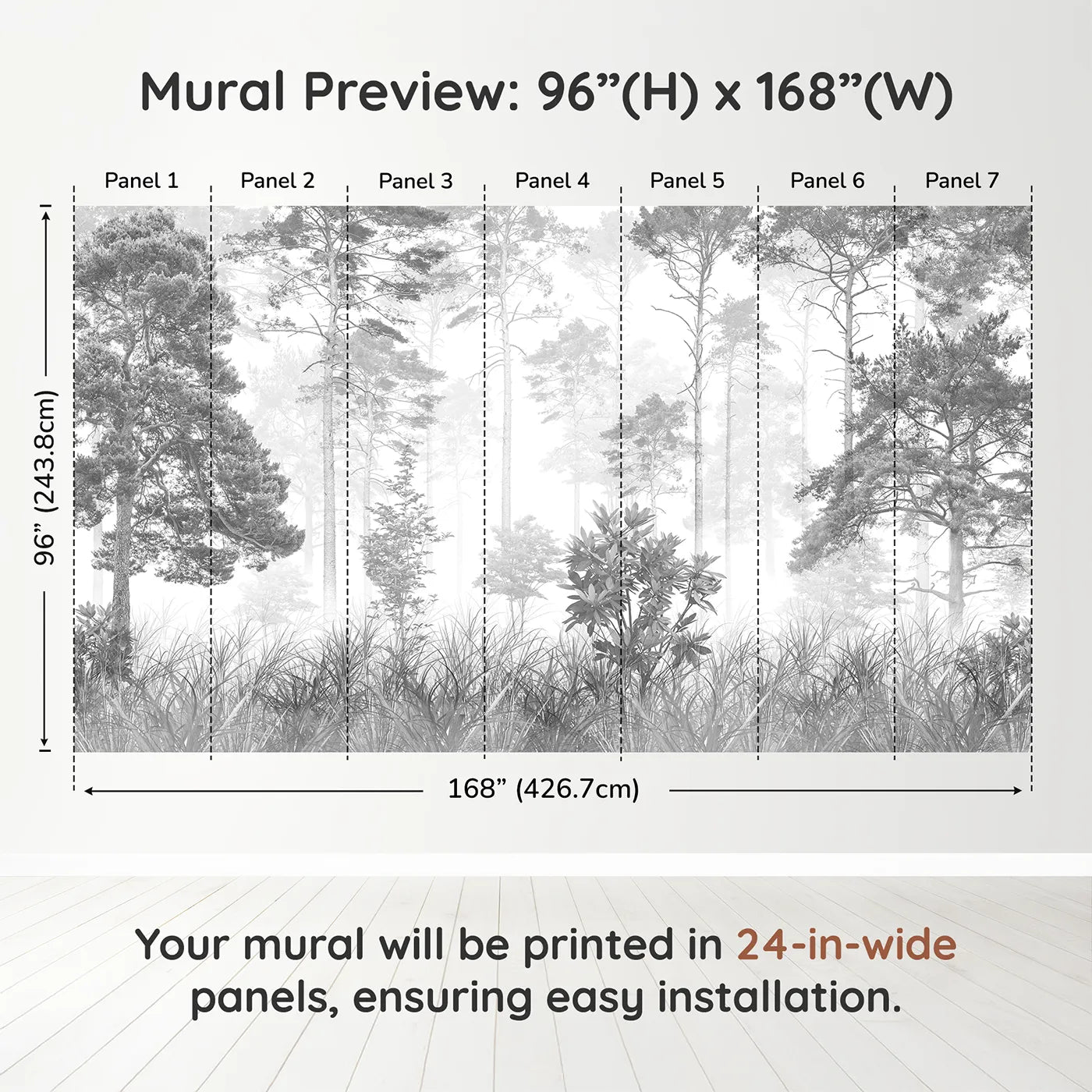 Whimsy Tots Misty Pine Forest Wall Mural in Grayscaledimension view (96" H x 168" W). Printed in seven 24-inch-wide panels. Gender-Neutral
