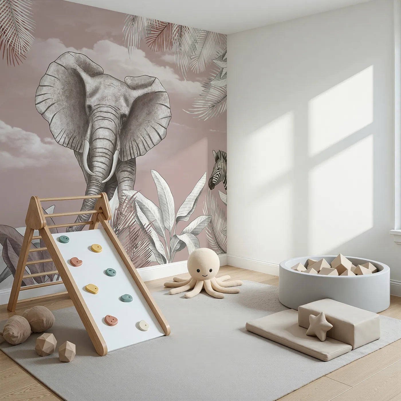 Angled view of Whimsy Tots' Dusty Rose Safari Wall Mural (Turn Their Room into a Chic and Stylish Safari).Best for Girls