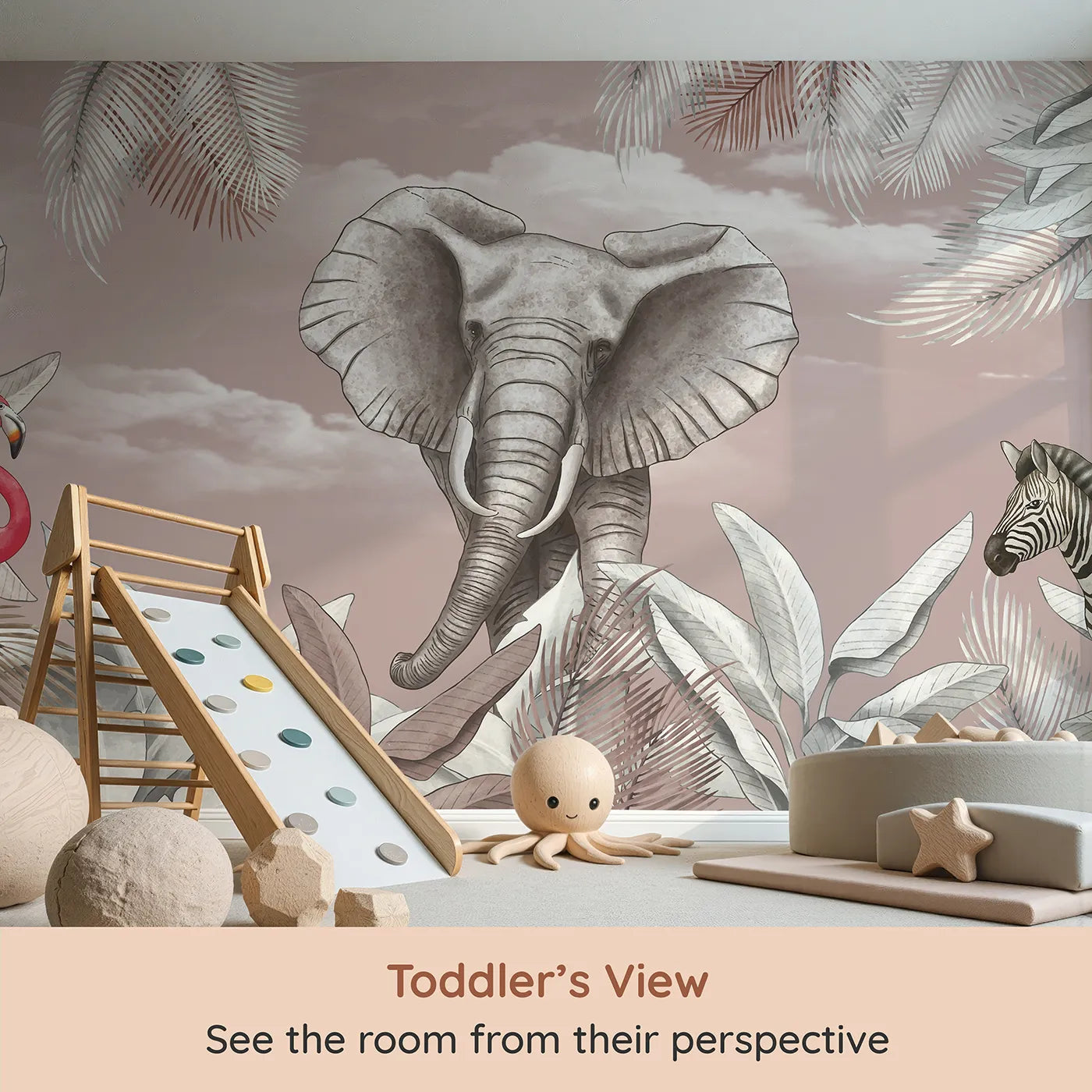 Whimsy Tots Dusty Rose Safari Wall Mural (Turn Their Room into a Chic and Stylish Safari) from your child's view.Best for Girls