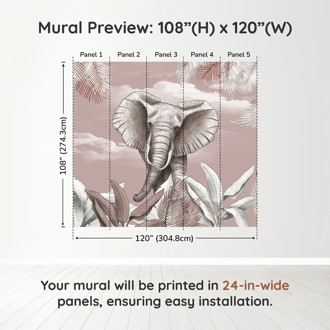 Whimsy Tots Dusty Rose Safari Wall Muraldimension view (108" H x 120" W). Printed in five 24-inch-wide panels. Best for Girls