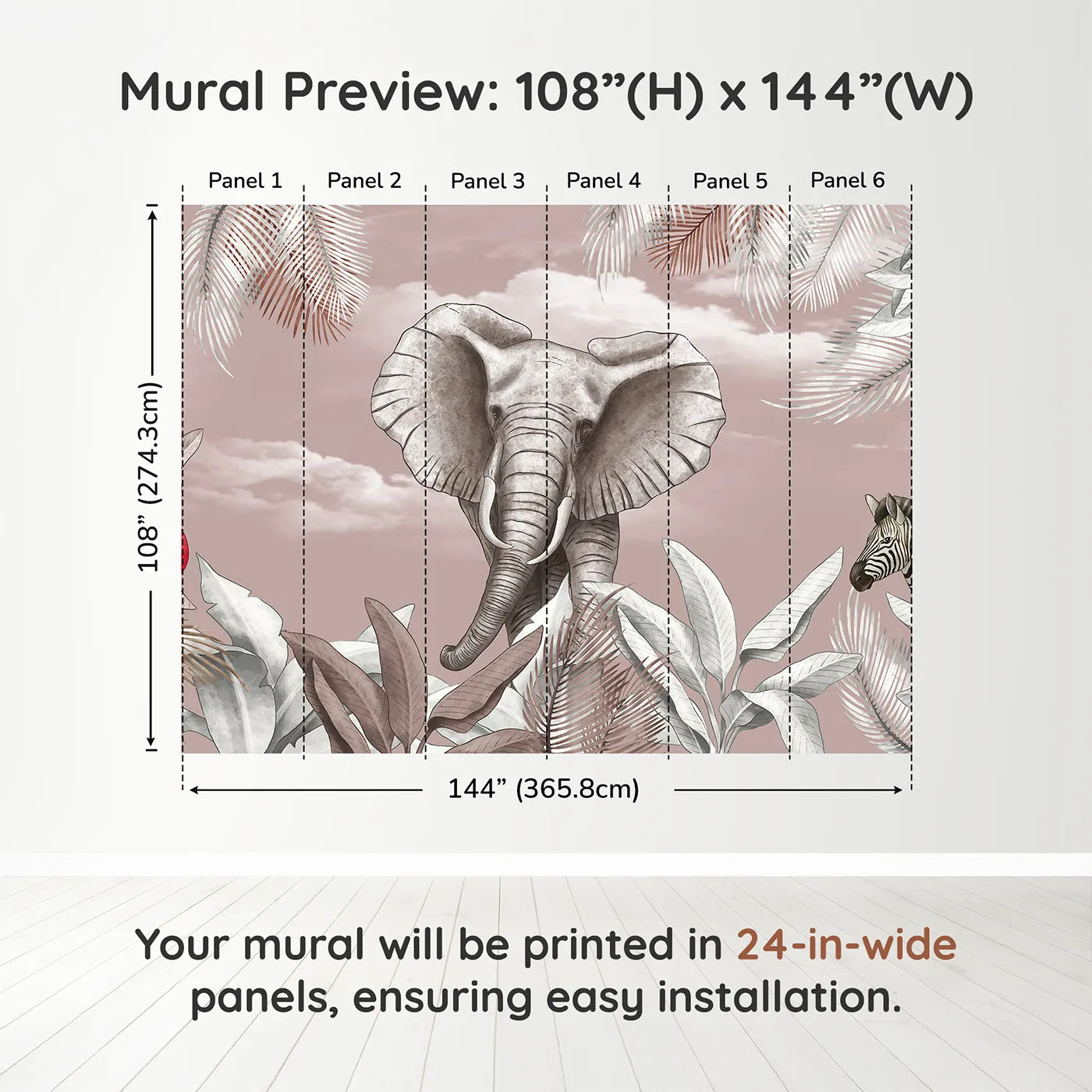 Whimsy Tots Dusty Rose Safari Wall Muraldimension view (108" H x 144" W). Printed in six 24-inch-wide panels. Best for Girls