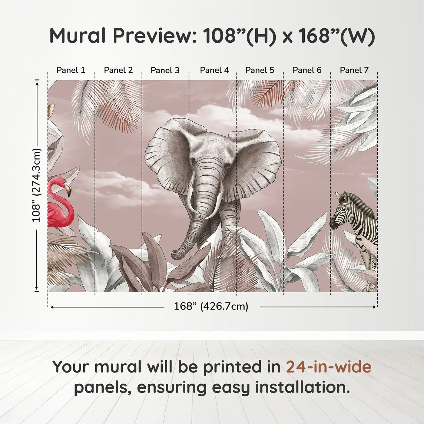 Whimsy Tots Dusty Rose Safari Wall Muraldimension view (108" H x 168" W). Printed in seven 24-inch-wide panels. Best for Girls