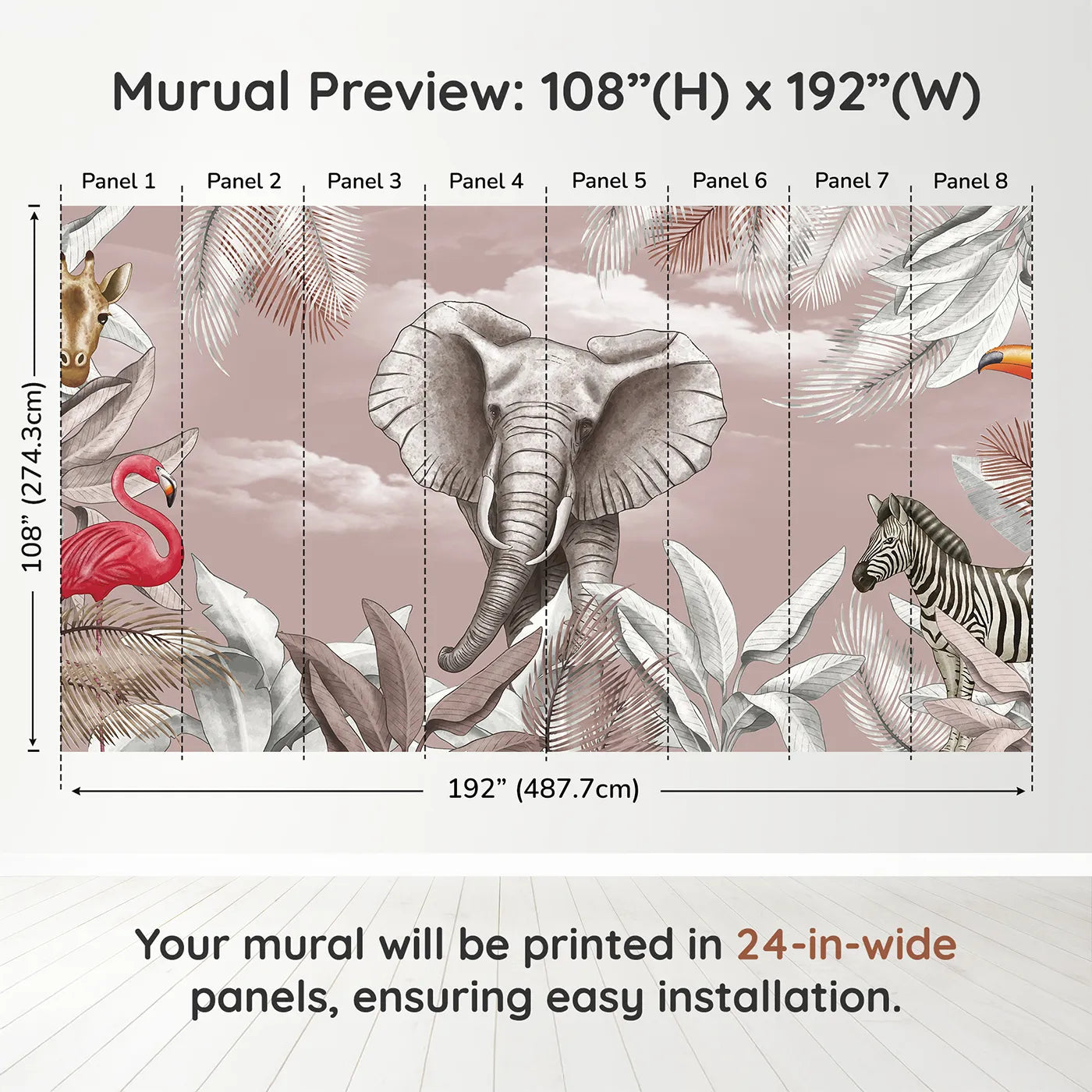 Whimsy Tots Dusty Rose Safari Wall Muraldimension view (108" H x 192" W). Printed in eight 24-inch-wide panels. Best for Girls