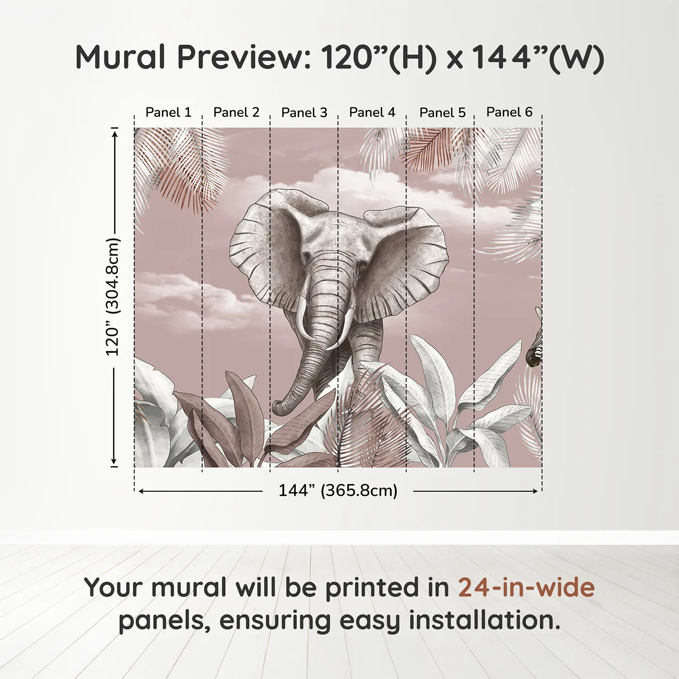 Whimsy Tots Dusty Rose Safari Wall Muraldimension view (120" H x 144" W). Printed in six 24-inch-wide panels. Best for Girls