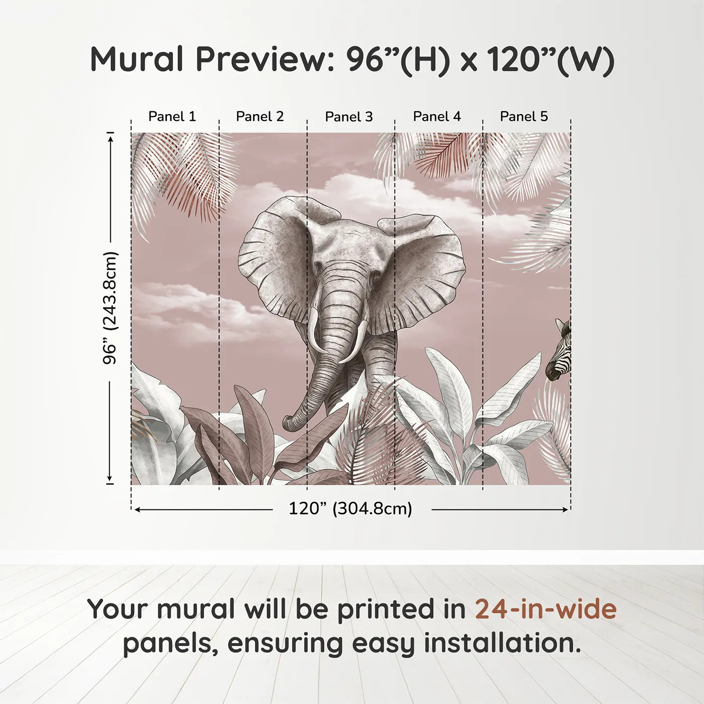 Whimsy Tots Dusty Rose Safari Wall Muraldimension view (96" H x 120" W). Printed in five 24-inch-wide panels. Best for Girls