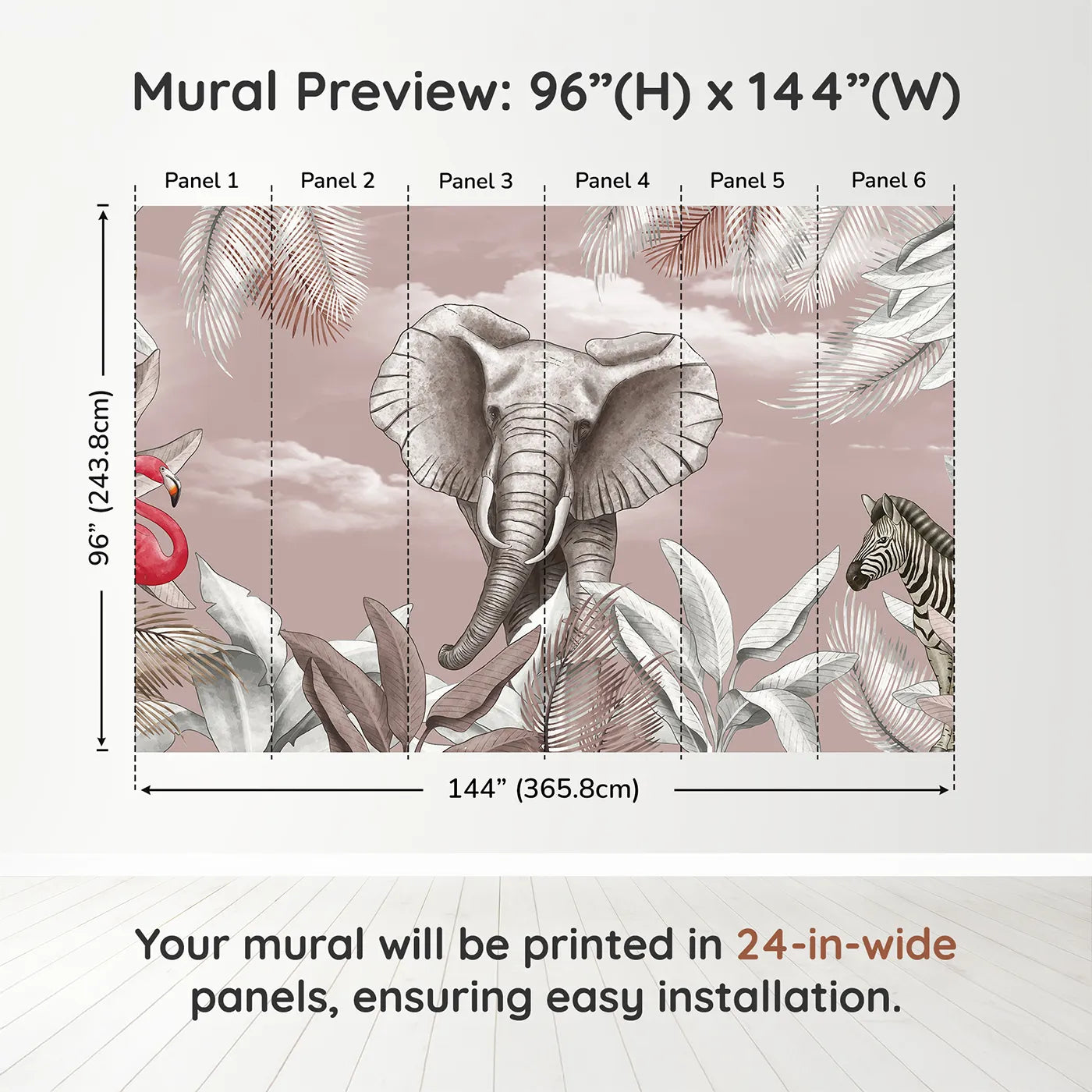 Whimsy Tots Dusty Rose Safari Wall Muraldimension view (96" H x 144" W). Printed in six 24-inch-wide panels. Best for Girls