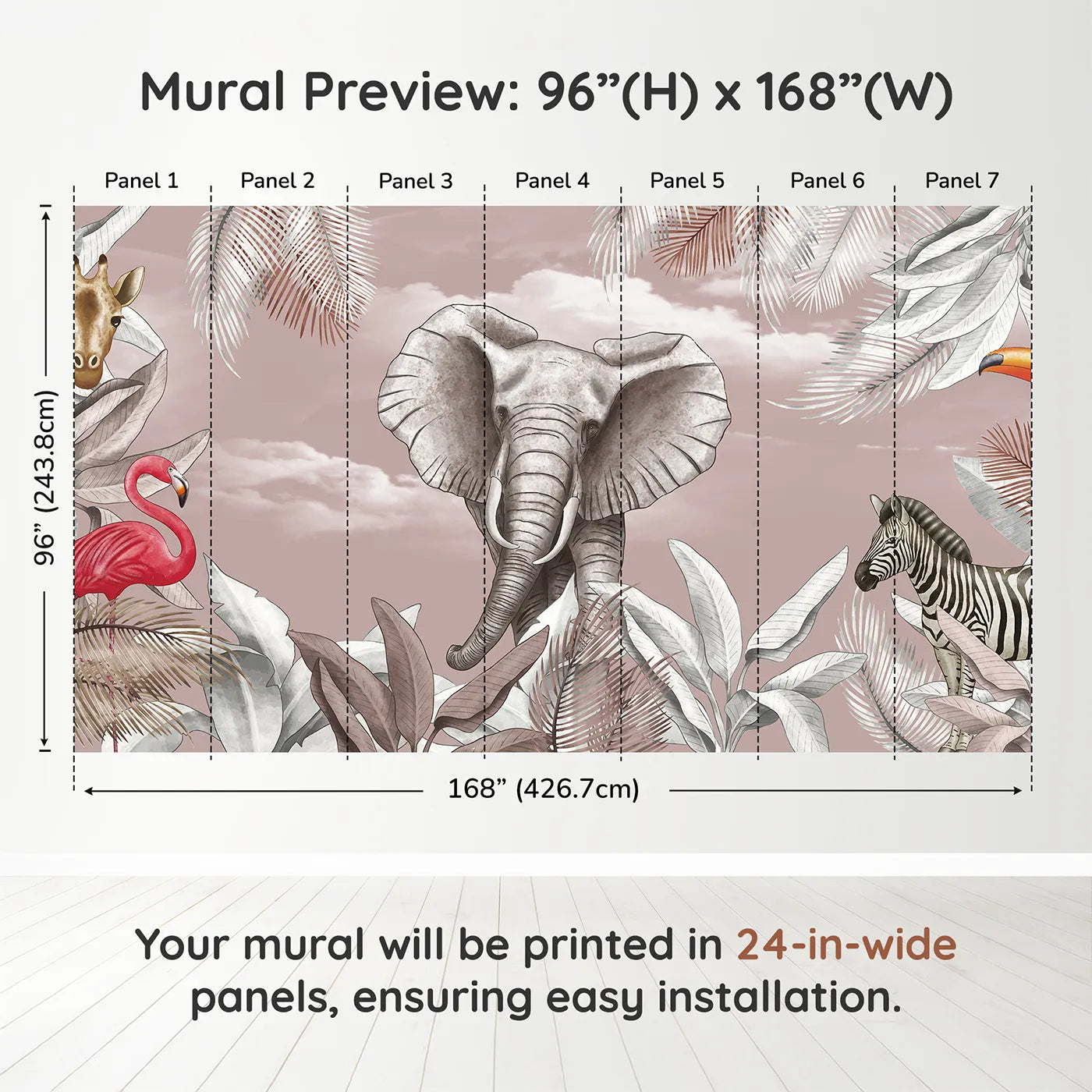 Whimsy Tots Dusty Rose Safari Wall Muraldimension view (96" H x 168" W). Printed in seven 24-inch-wide panels. Best for Girls